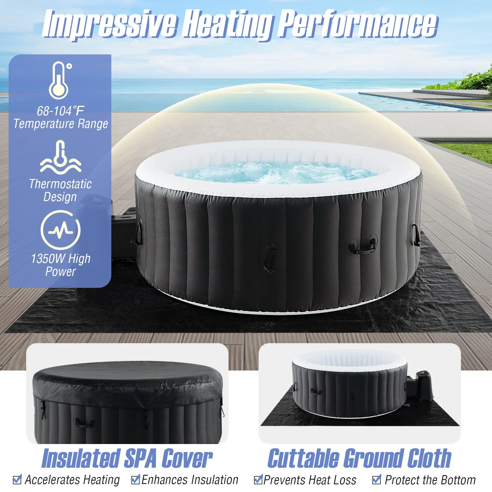 70/80 Inches Round SPA Pool Hottub with 110/130 Air Jets Electric Heater Pump-S, Black - Image 10