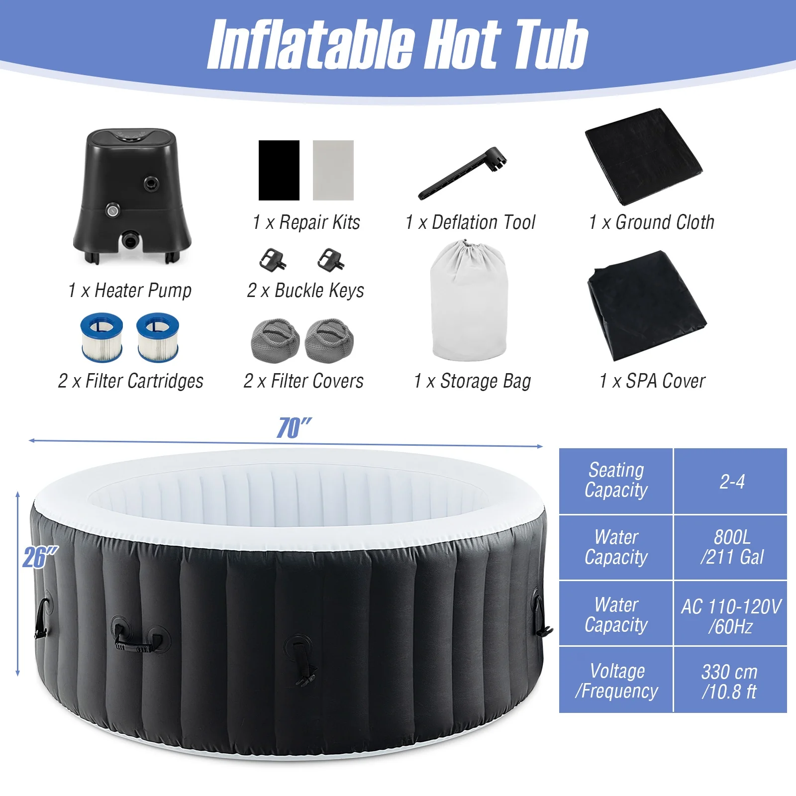 70/80 Inches Round SPA Pool Hottub with 110/130 Air Jets Electric Heater Pump-S, Black - Image 5