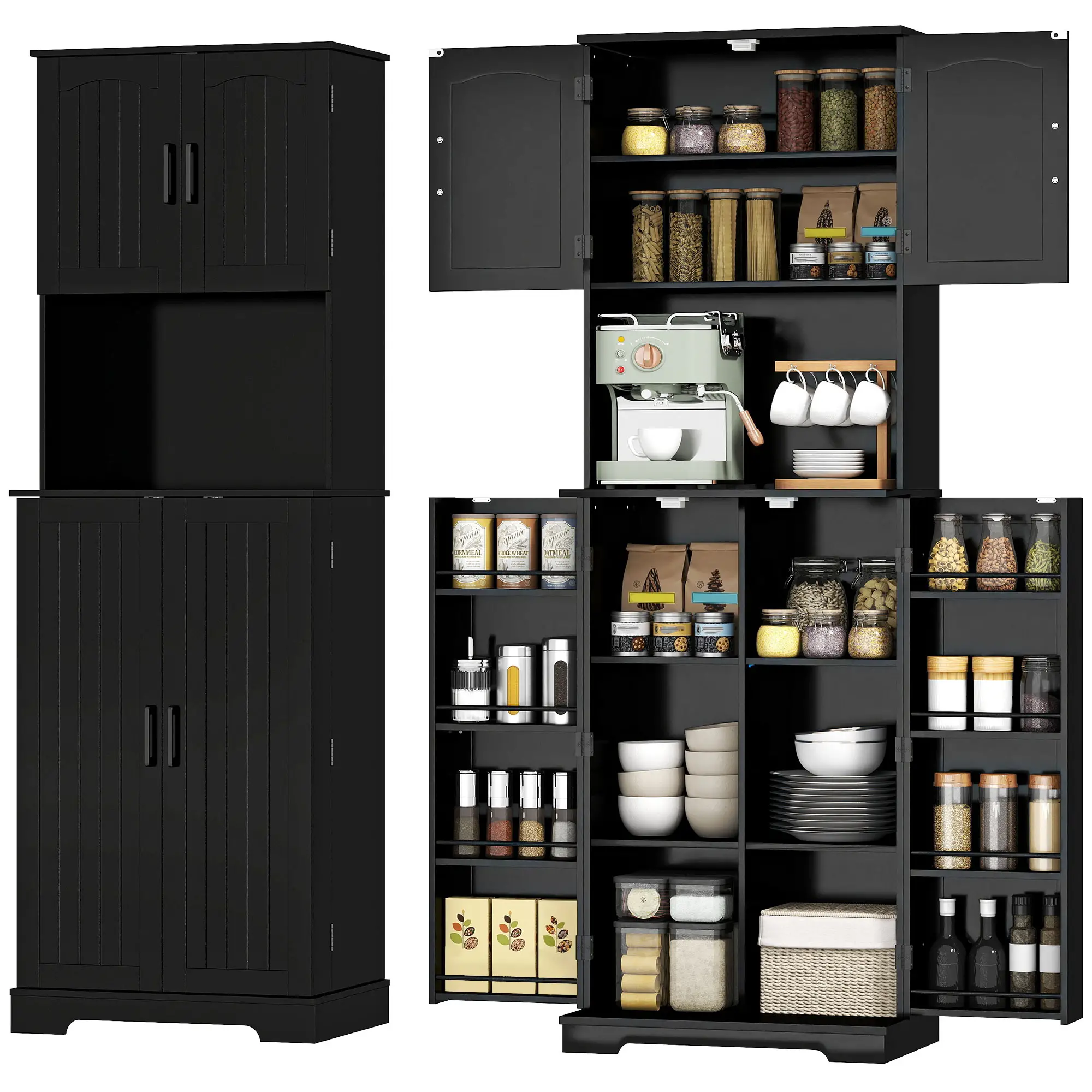 71.5" Tall Pantry Cabinet, Farmhouse Kitchen Storage, Adjustable Shelves, Black