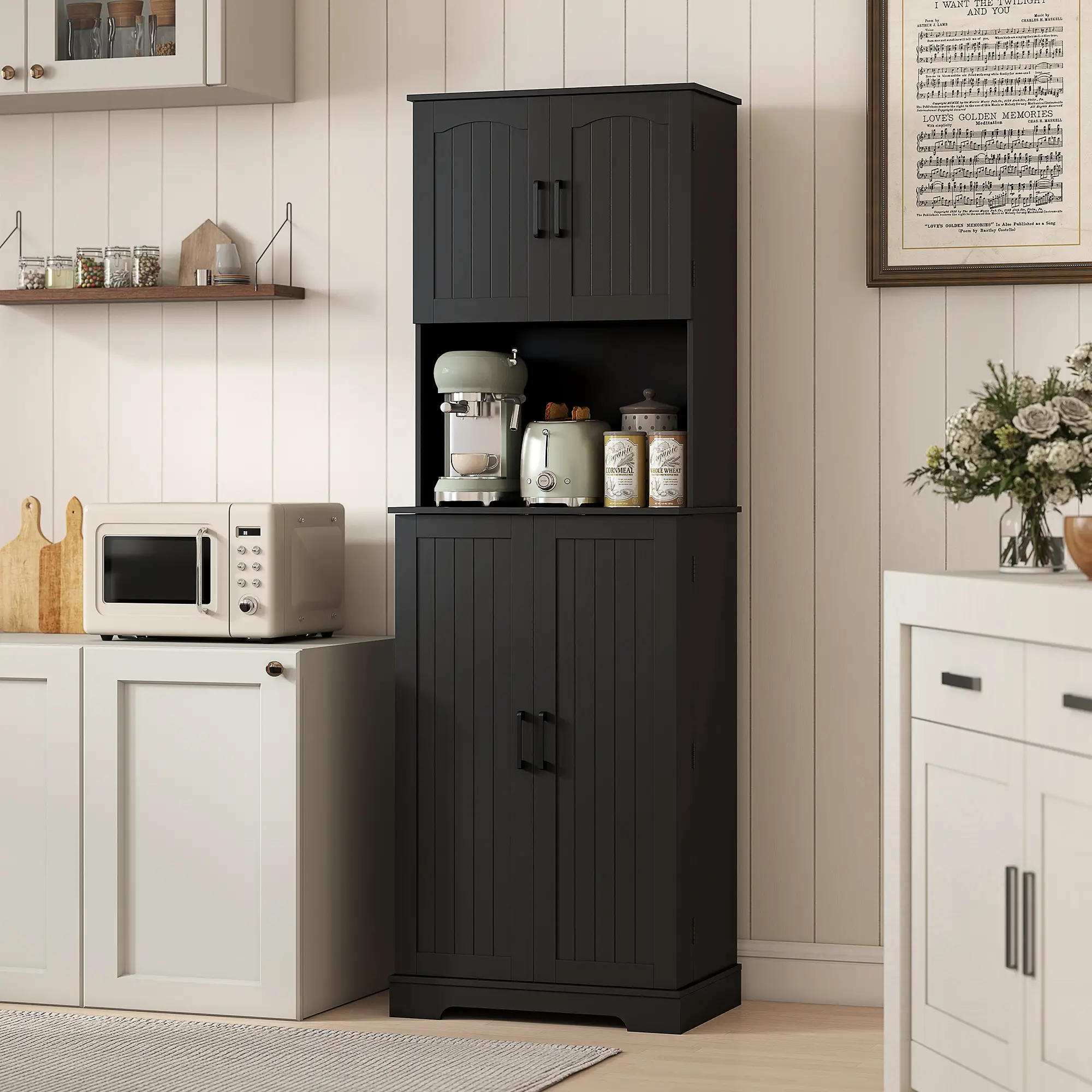 71.5" Tall Pantry Cabinet, Farmhouse Kitchen Storage, Adjustable Shelves, Black - Image 10