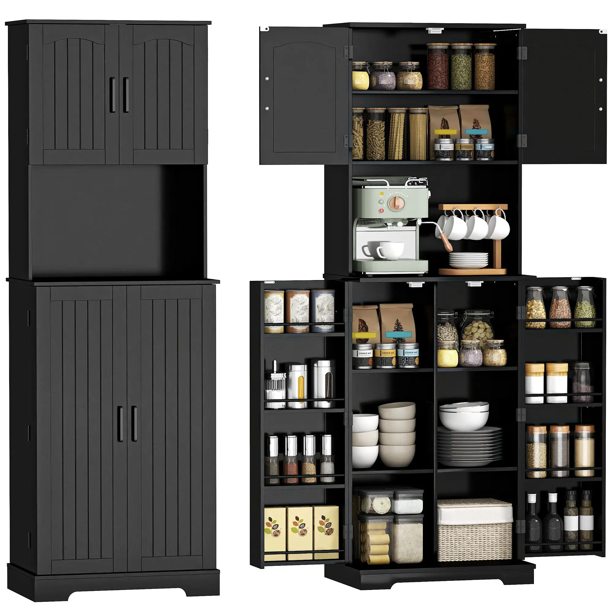 71.5" Tall Pantry Cabinet, Farmhouse Kitchen Storage, Adjustable Shelves, Black - Image 11
