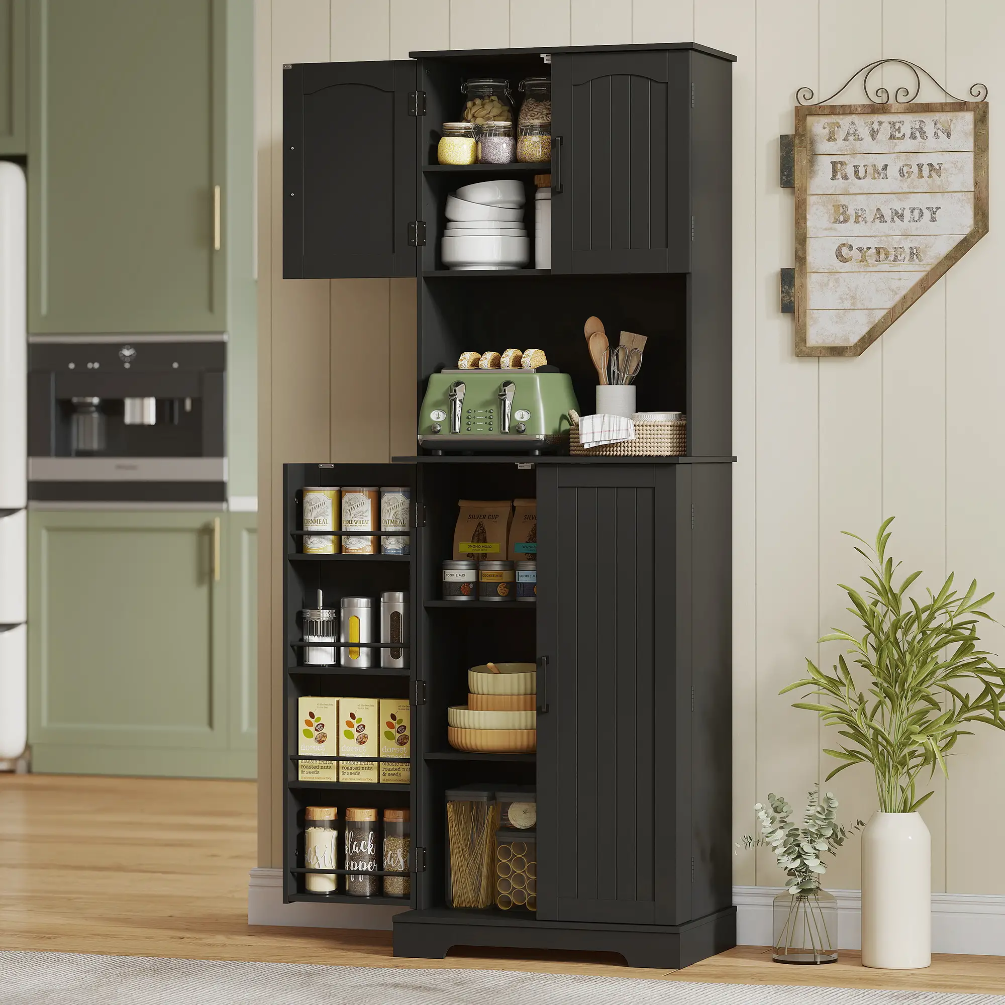 71.5" Tall Pantry Cabinet, Farmhouse Kitchen Storage, Adjustable Shelves, Black - Image 2
