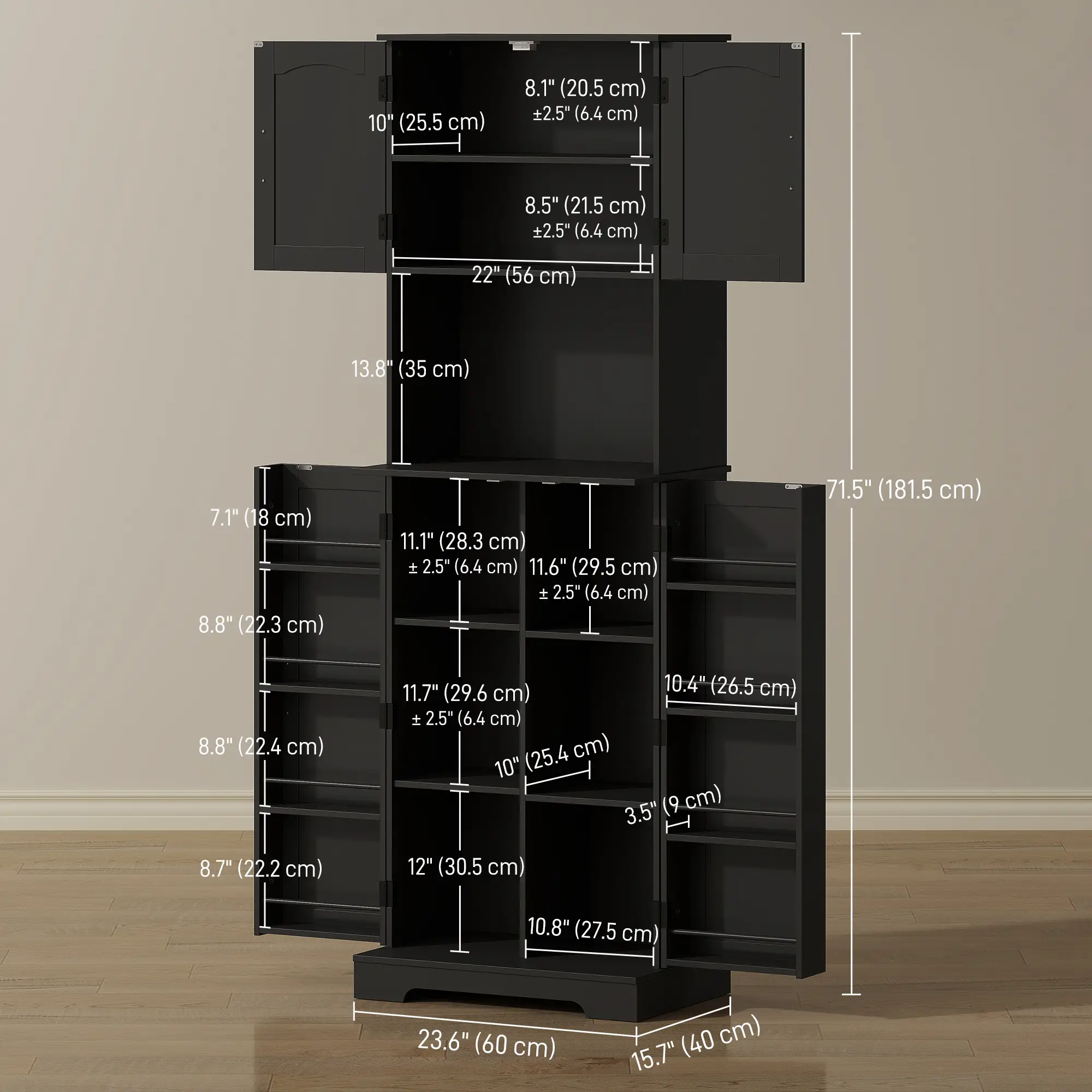 71.5" Tall Pantry Cabinet, Farmhouse Kitchen Storage, Adjustable Shelves, Black - Image 3
