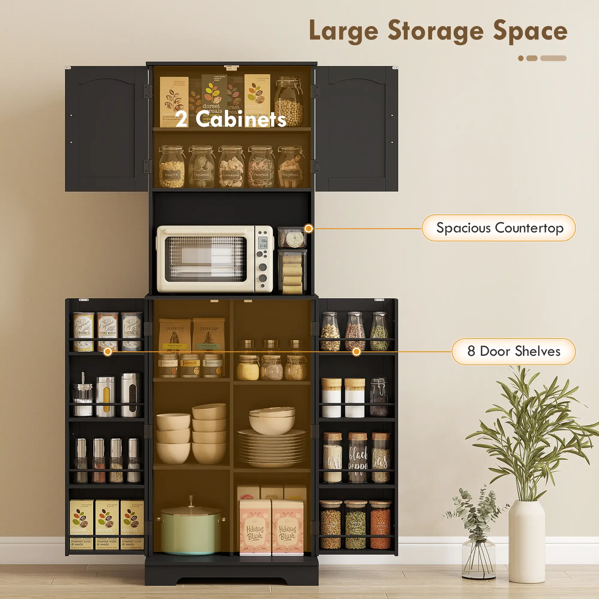 71.5" Tall Pantry Cabinet, Farmhouse Kitchen Storage, Adjustable Shelves, Black - Image 4