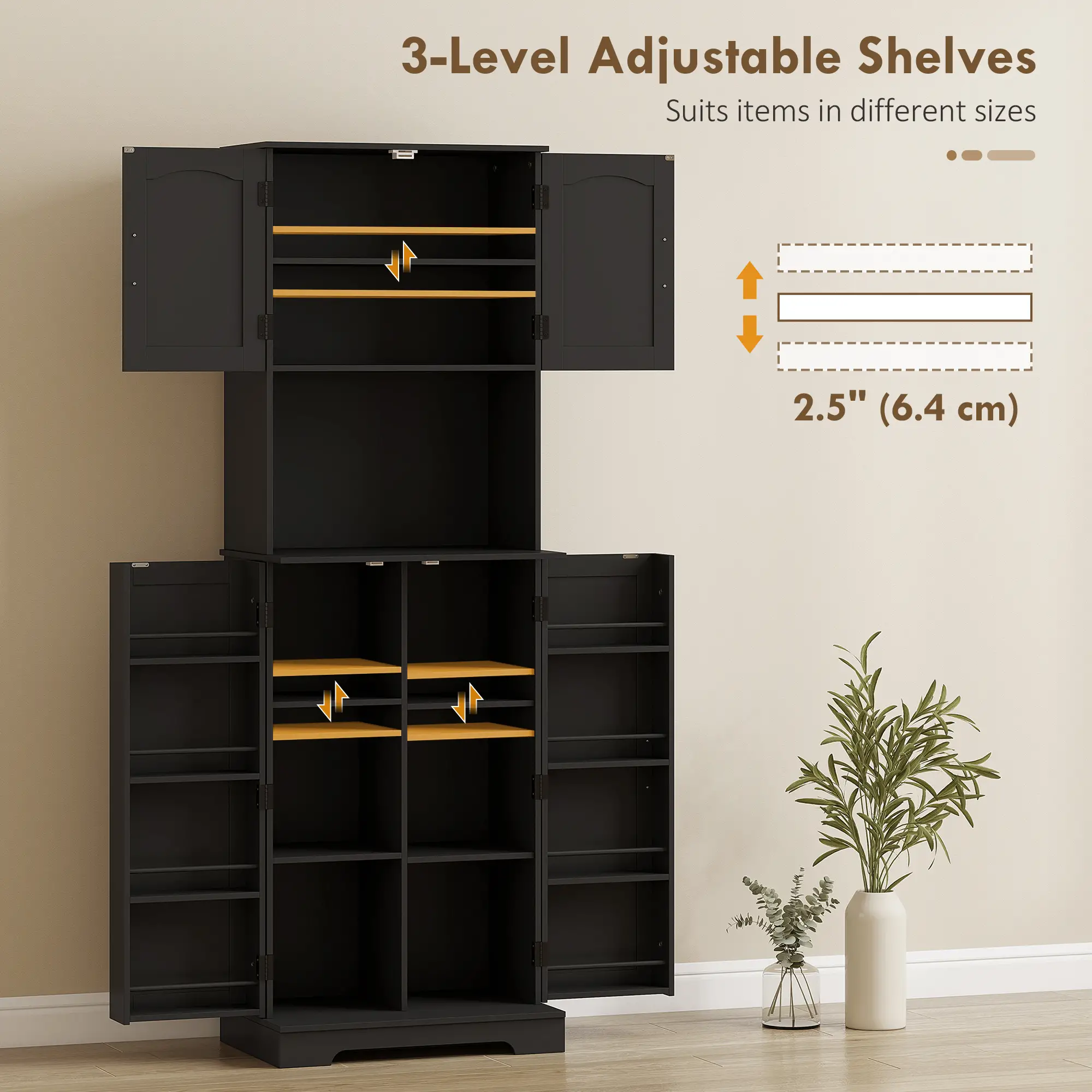 71.5" Tall Pantry Cabinet, Farmhouse Kitchen Storage, Adjustable Shelves, Black - Image 5