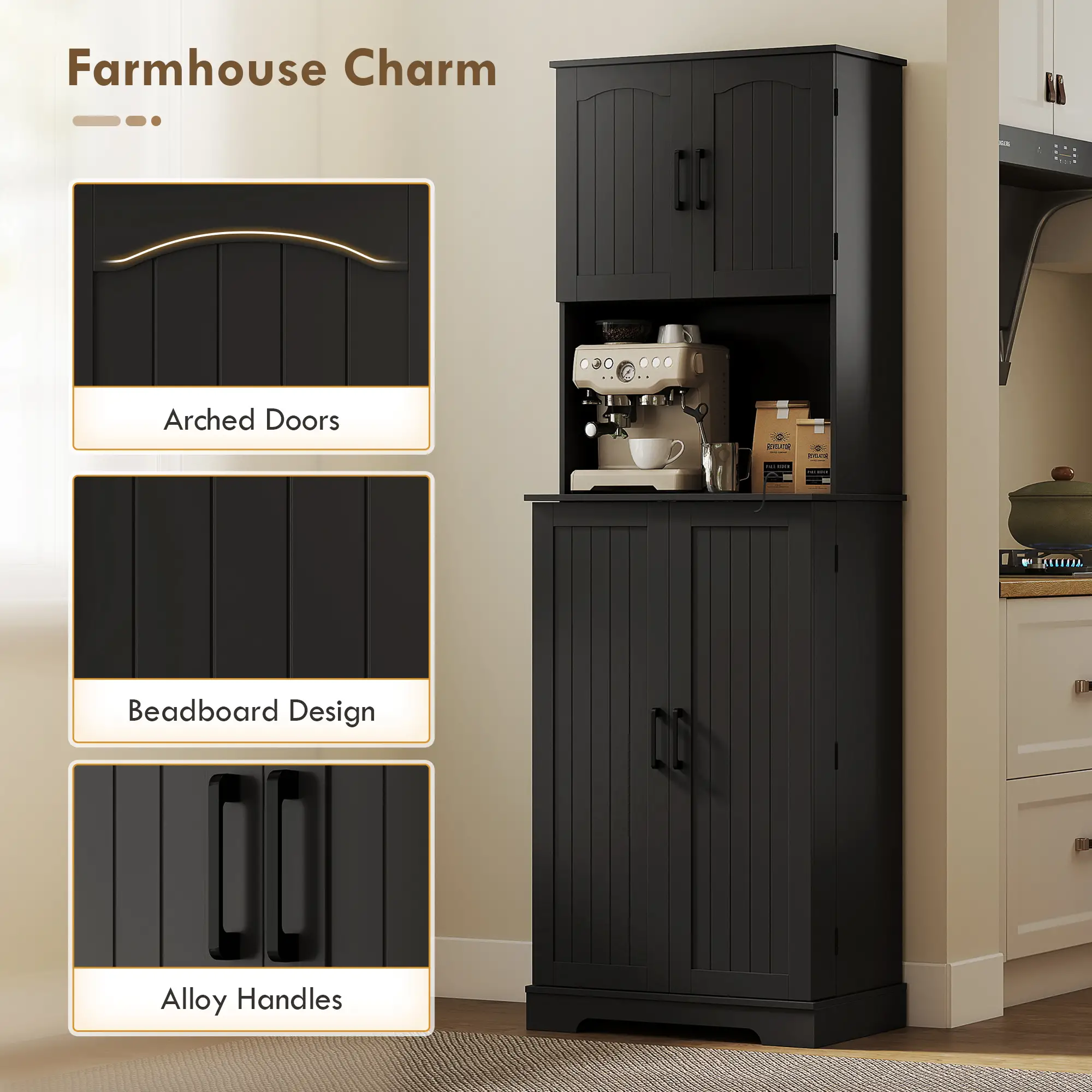 71.5" Tall Pantry Cabinet, Farmhouse Kitchen Storage, Adjustable Shelves, Black - Image 6