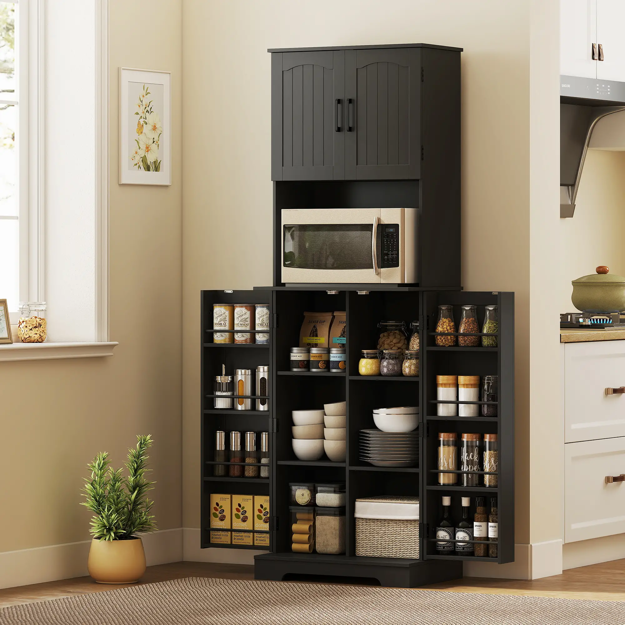 71.5" Tall Pantry Cabinet, Farmhouse Kitchen Storage, Adjustable Shelves, Black - Image 8
