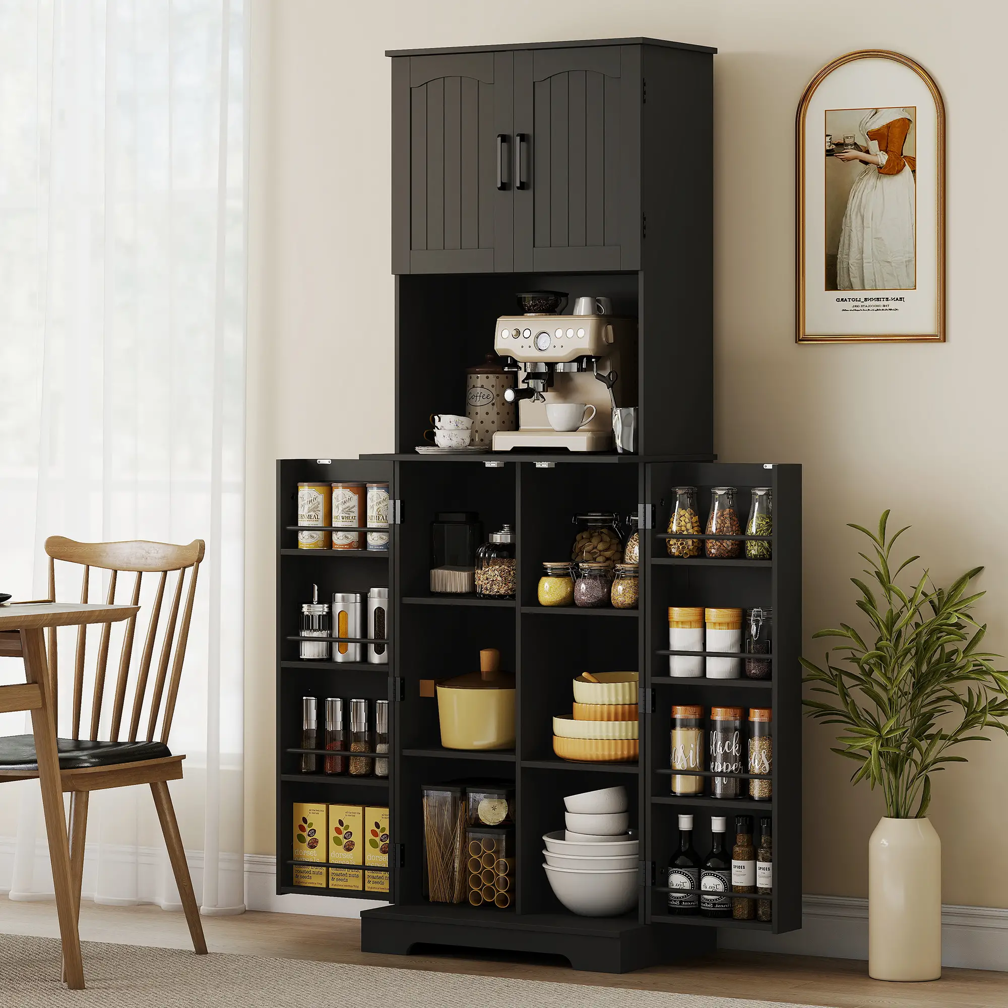 71.5" Tall Pantry Cabinet, Farmhouse Kitchen Storage, Adjustable Shelves, Black - Image 9