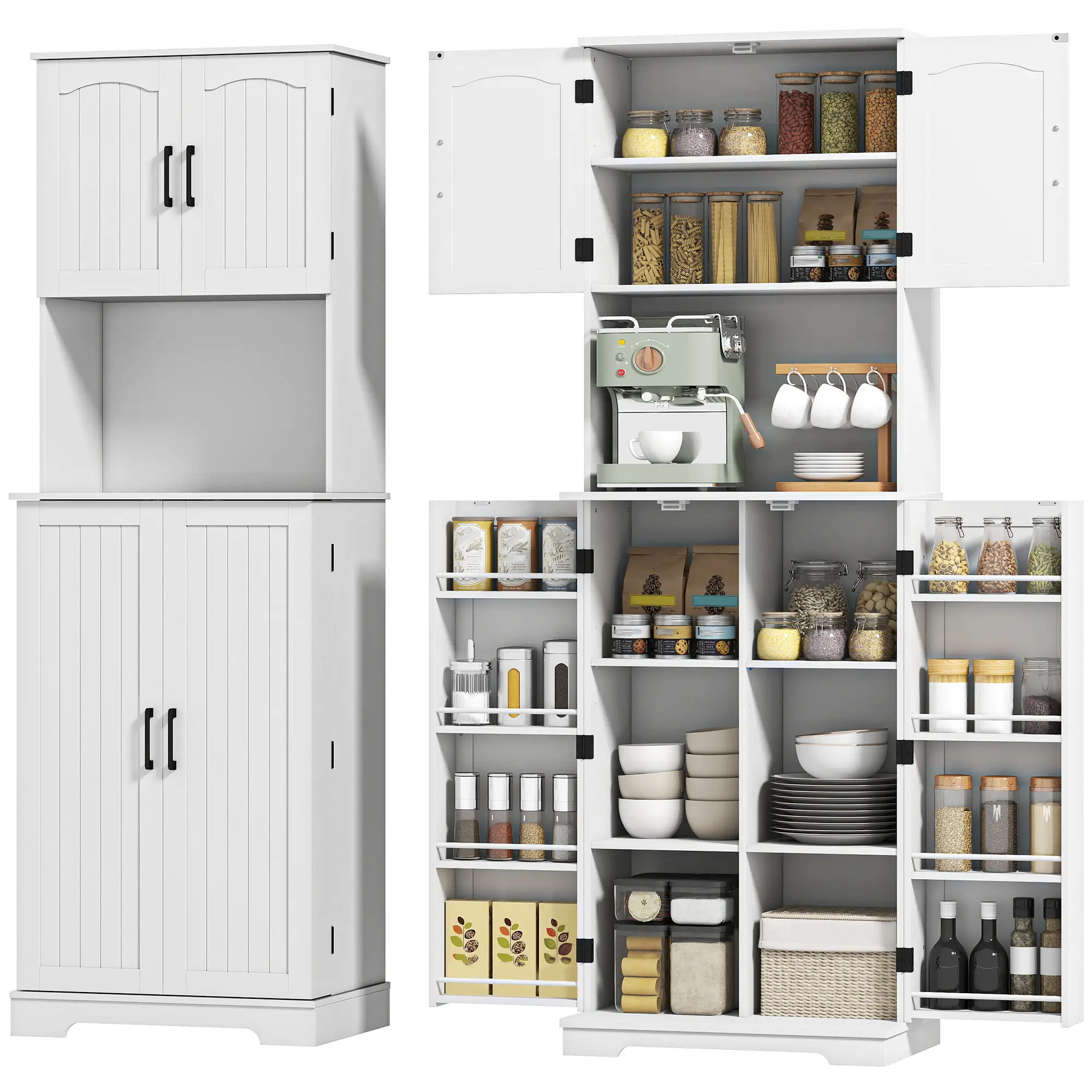 71.5" Tall Pantry Cabinet, Farmhouse Kitchen Storage, Adjustable Shelves, White