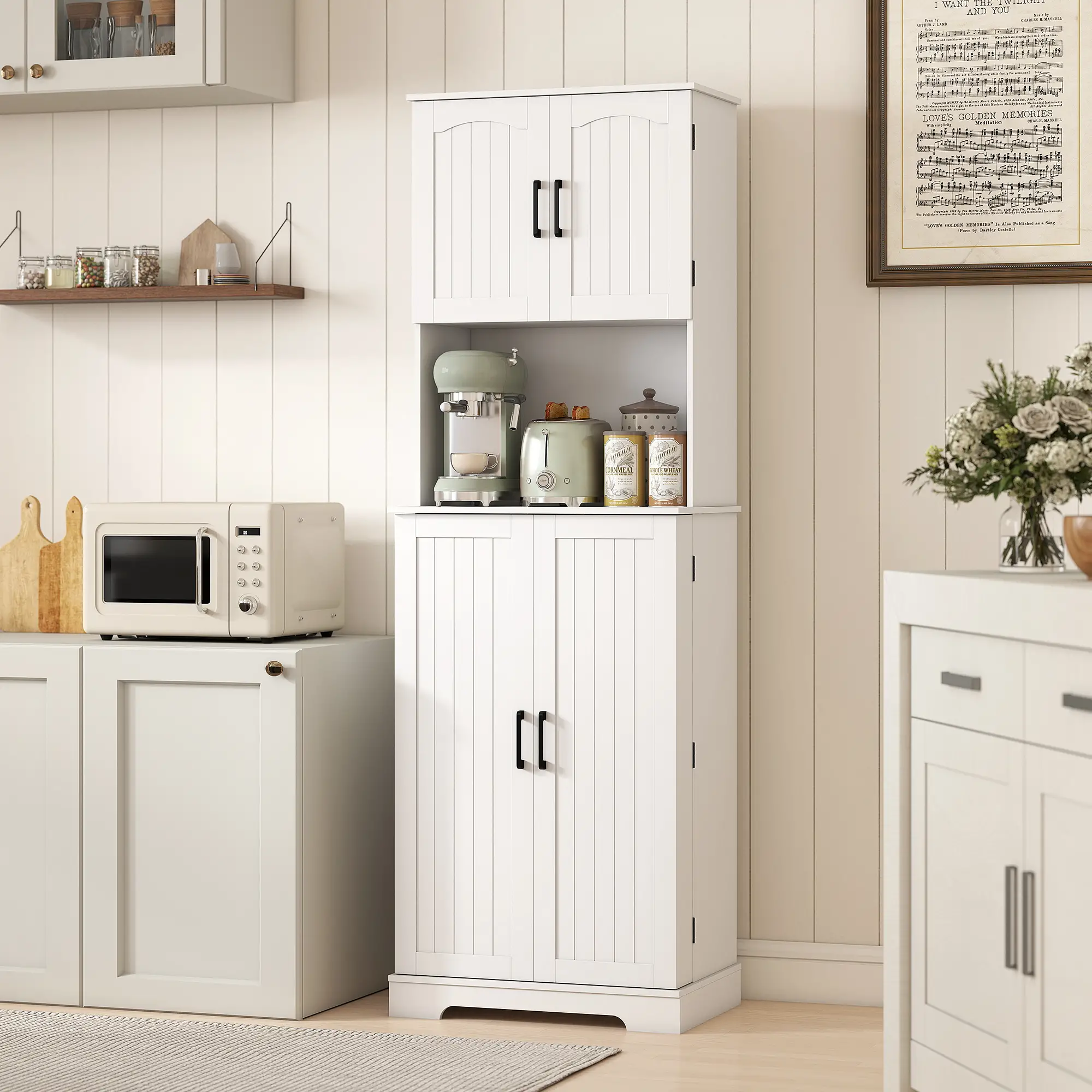 71.5" Tall Pantry Cabinet, Farmhouse Kitchen Storage, Adjustable Shelves, White - Image 10