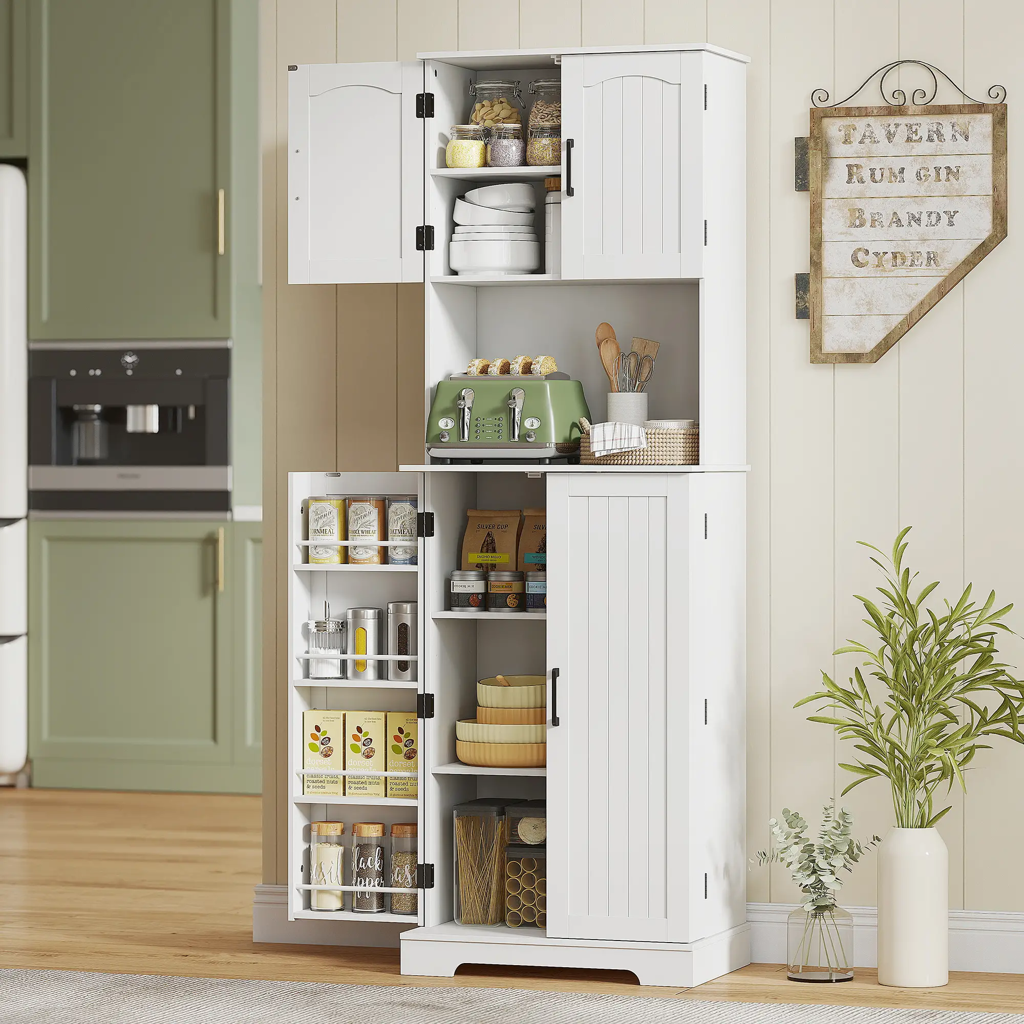 71.5" Tall Pantry Cabinet, Farmhouse Kitchen Storage, Adjustable Shelves, White - Image 2