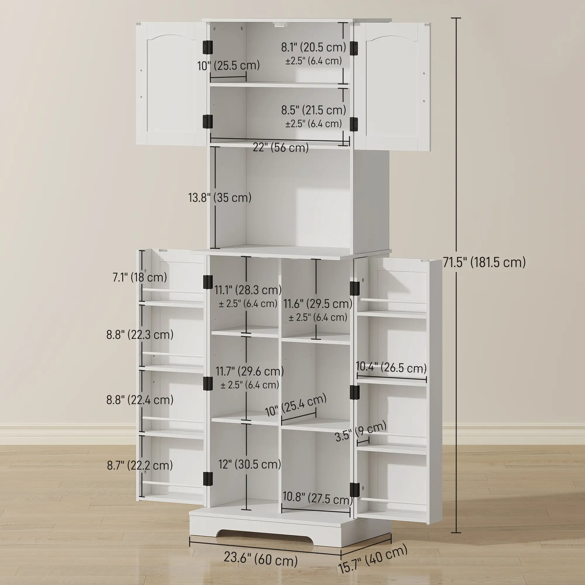 71.5" Tall Pantry Cabinet, Farmhouse Kitchen Storage, Adjustable Shelves, White - Image 3