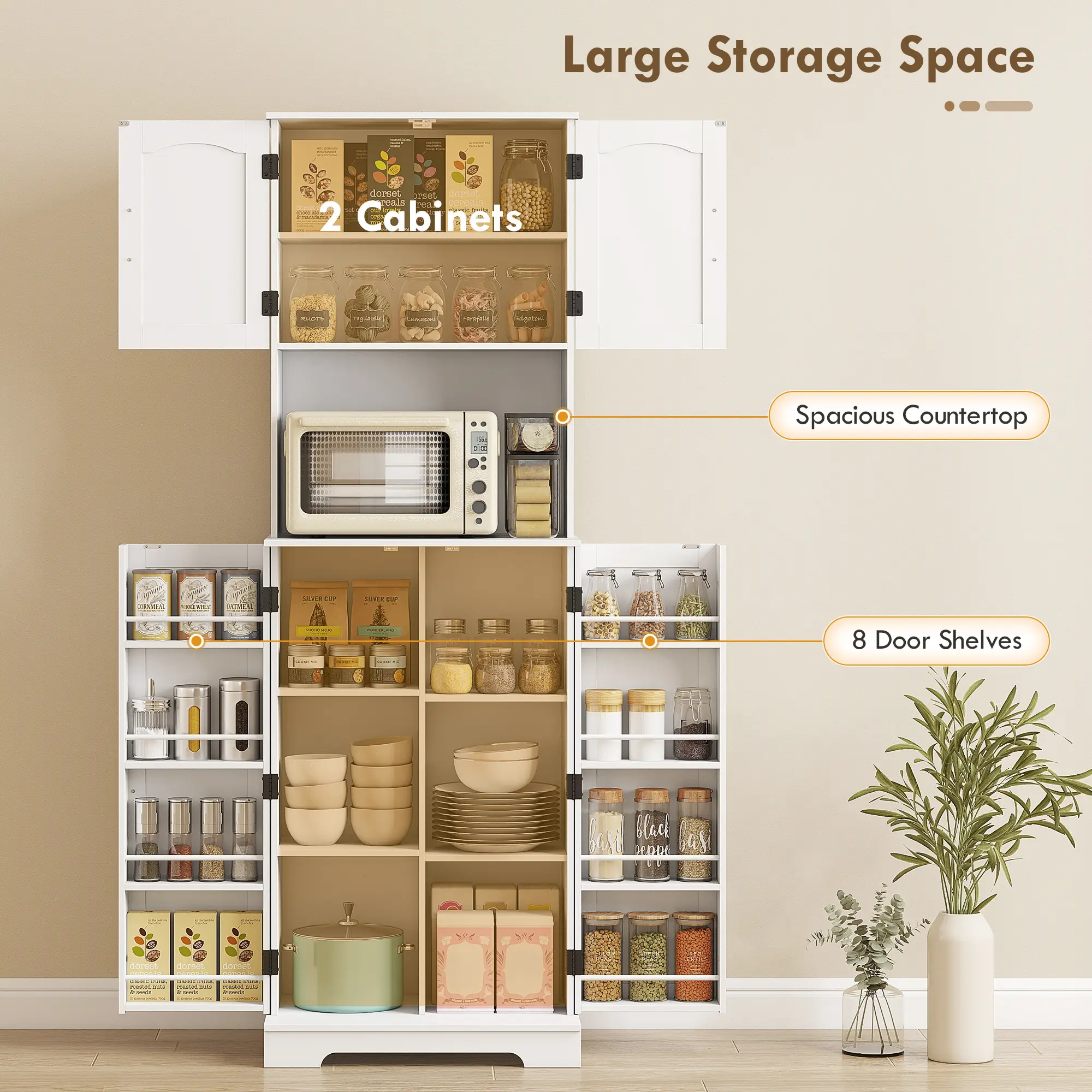 71.5" Tall Pantry Cabinet, Farmhouse Kitchen Storage, Adjustable Shelves, White - Image 4