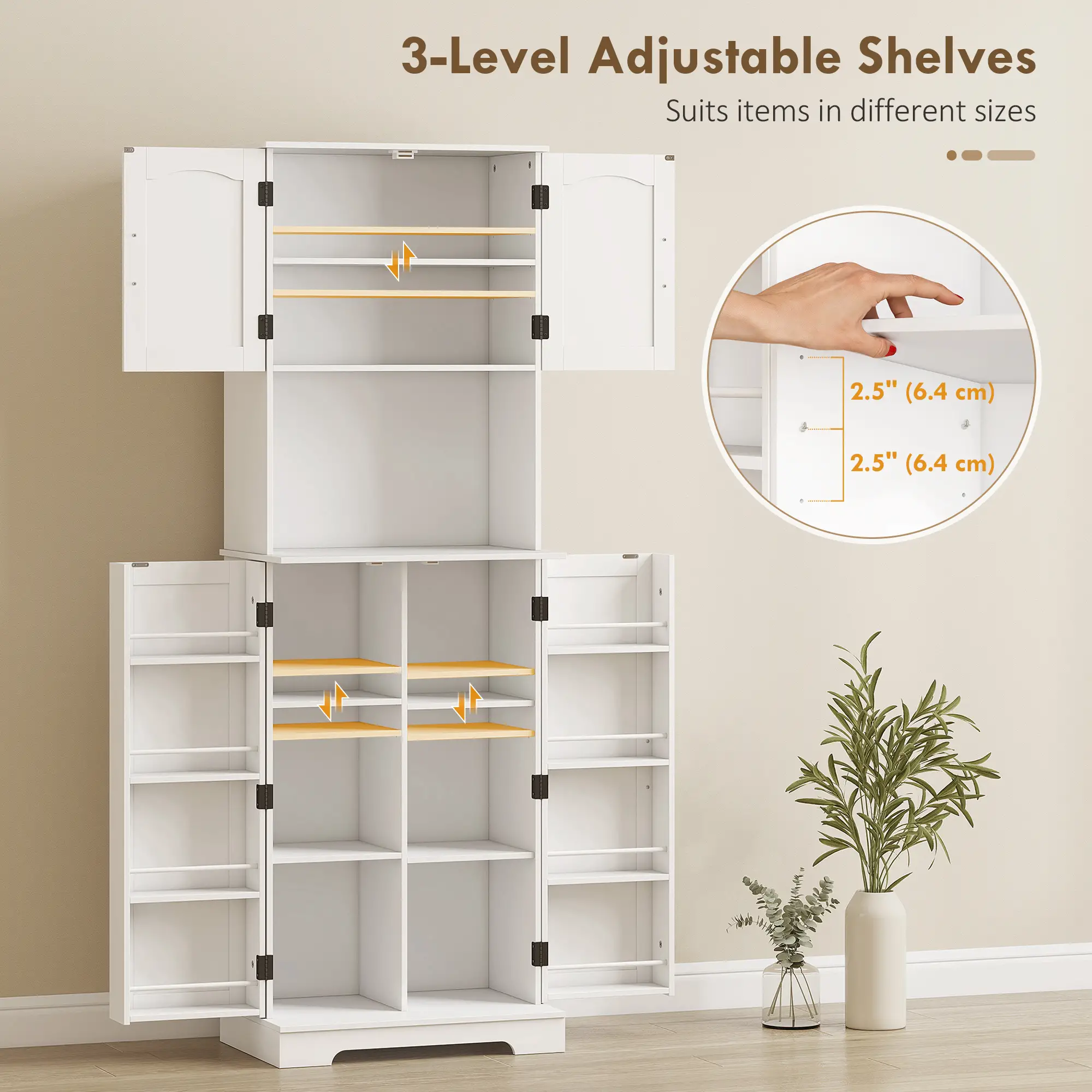 71.5" Tall Pantry Cabinet, Farmhouse Kitchen Storage, Adjustable Shelves, White - Image 5
