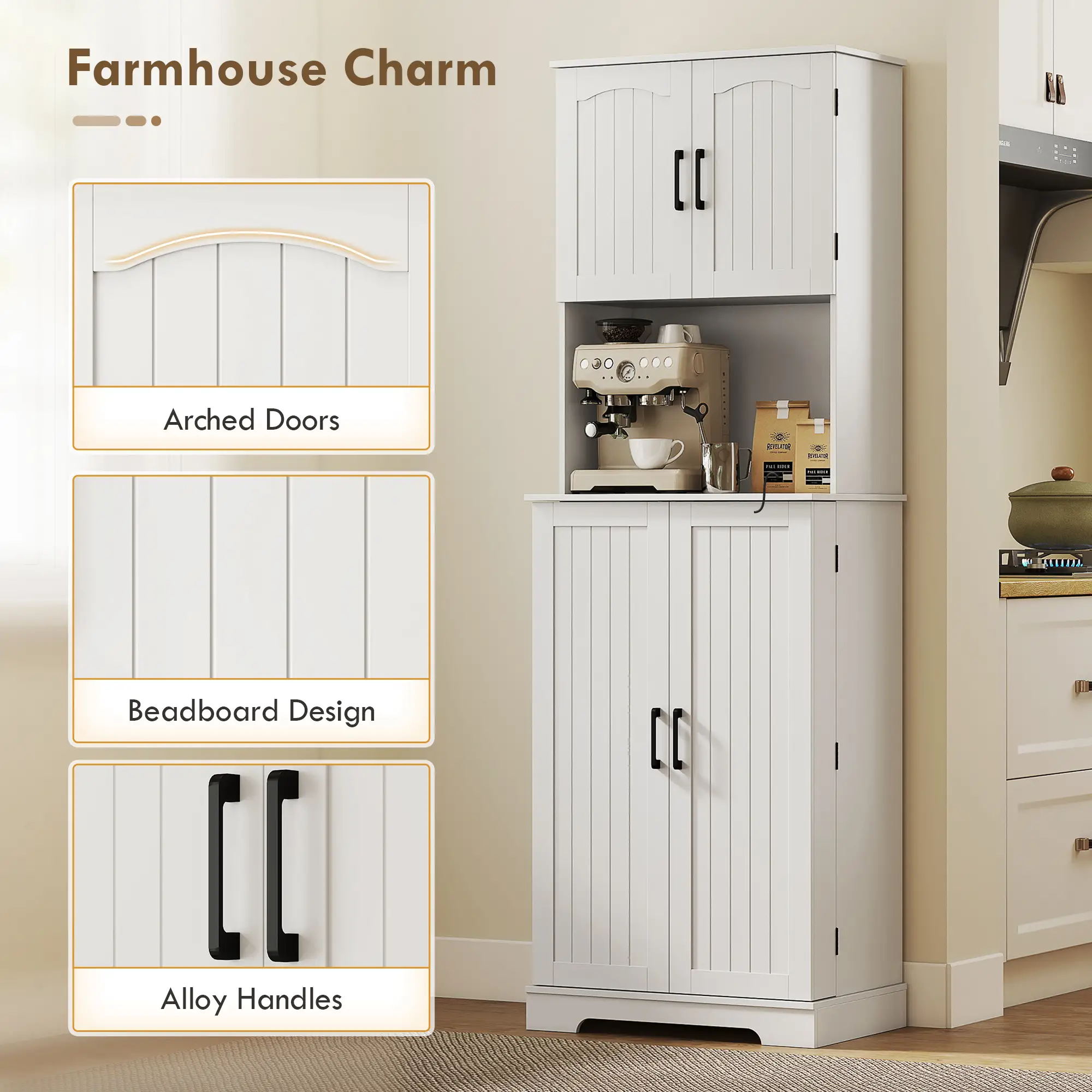 71.5" Tall Pantry Cabinet, Farmhouse Kitchen Storage, Adjustable Shelves, White - Image 6