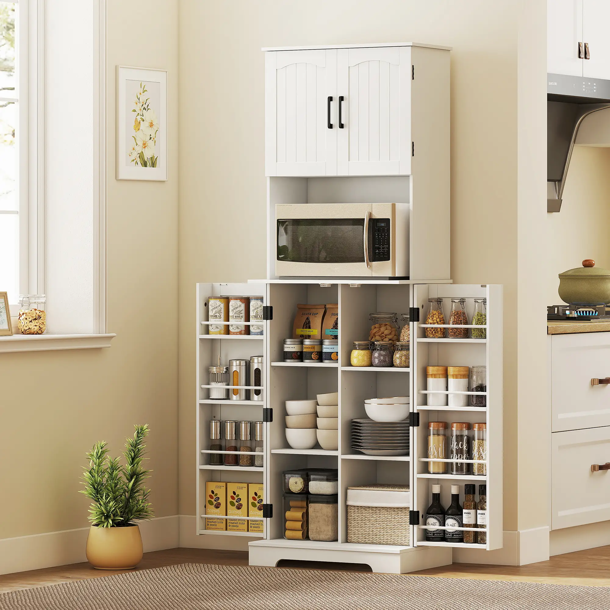 71.5" Tall Pantry Cabinet, Farmhouse Kitchen Storage, Adjustable Shelves, White - Image 8