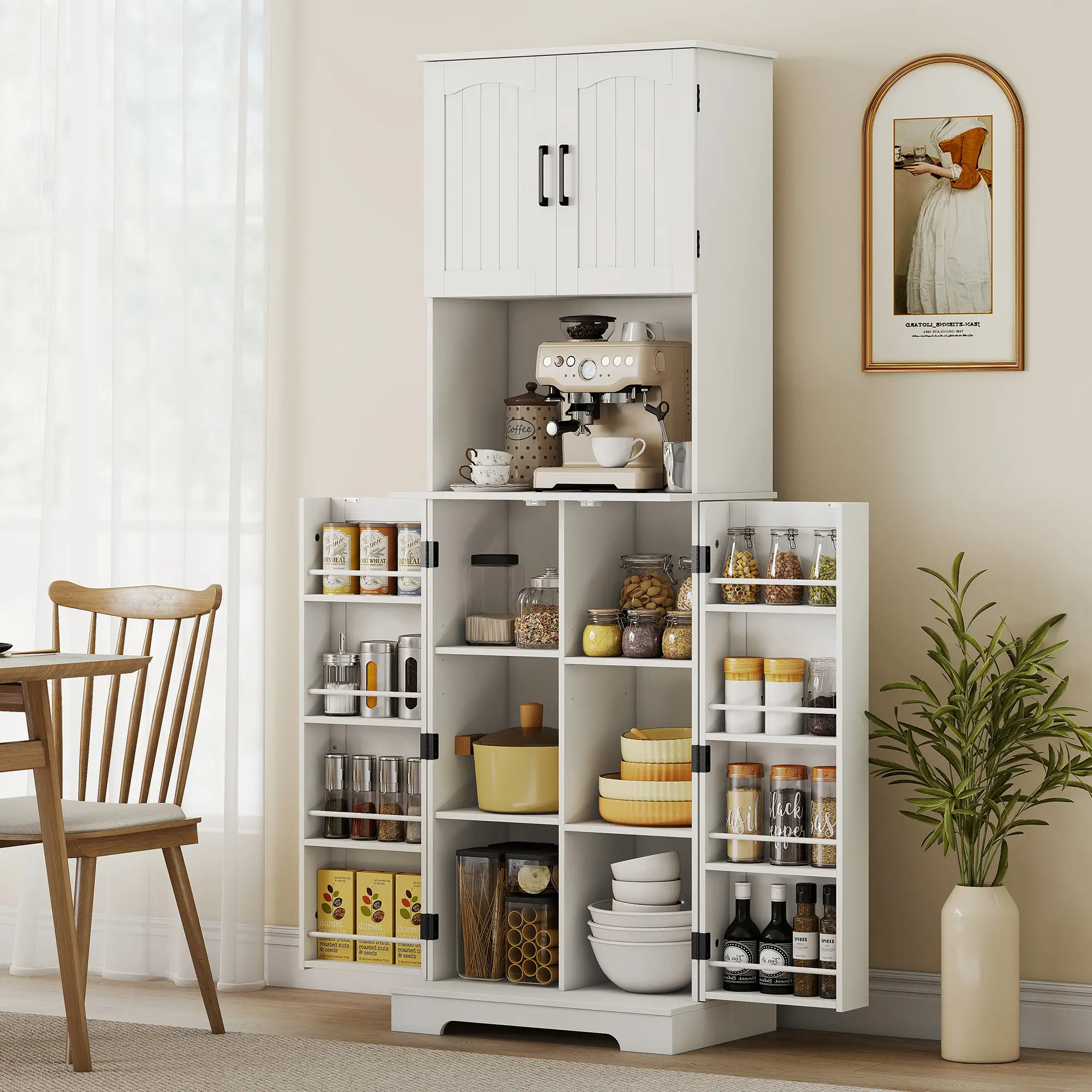 71.5" Tall Pantry Cabinet, Farmhouse Kitchen Storage, Adjustable Shelves, White - Image 9
