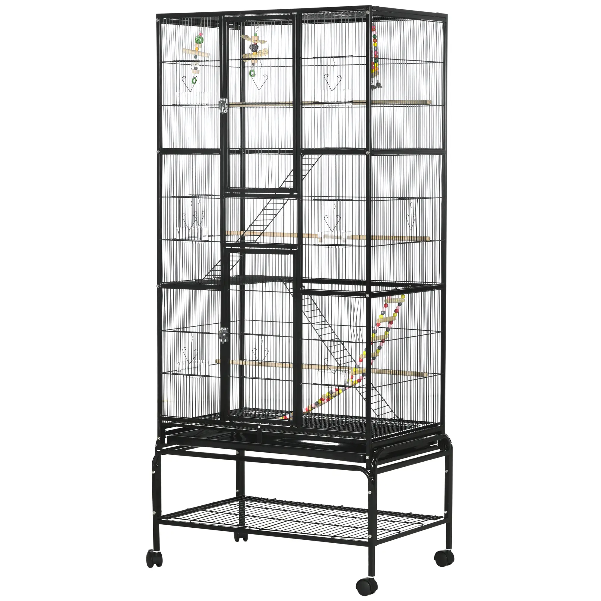 71" Bird Cage with Wheels, Perches, Ramp, Shelf, Toys, Black