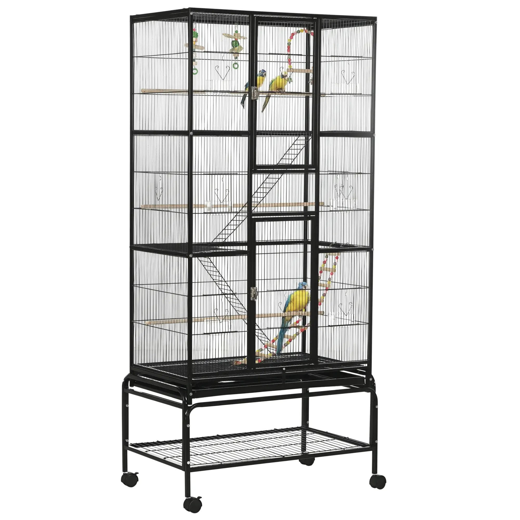 71" Bird Cage with Wheels, Perches, Ramp, Shelf, Toys, Black - Image 11