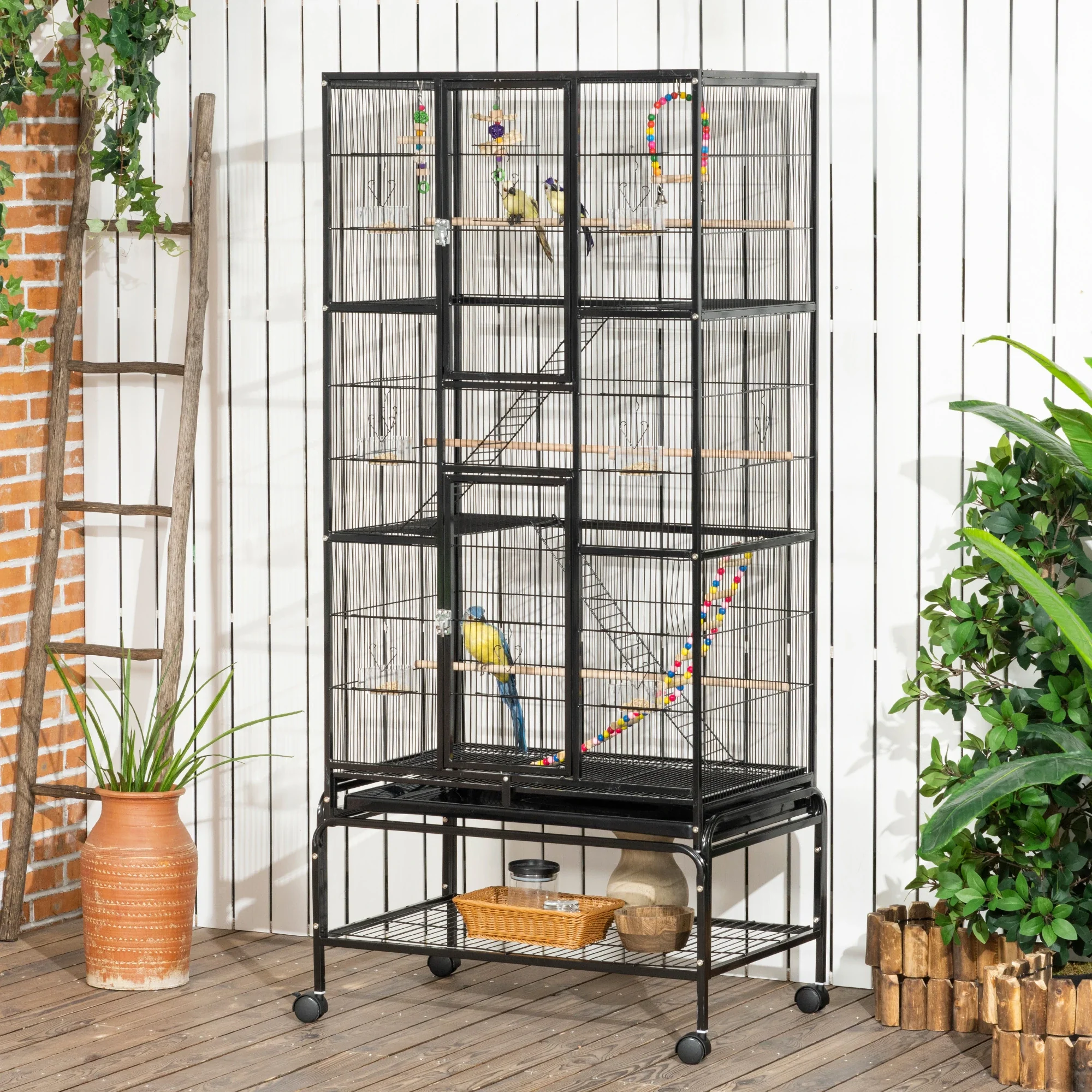 71" Bird Cage with Wheels, Perches, Ramp, Shelf, Toys, Black - Image 2