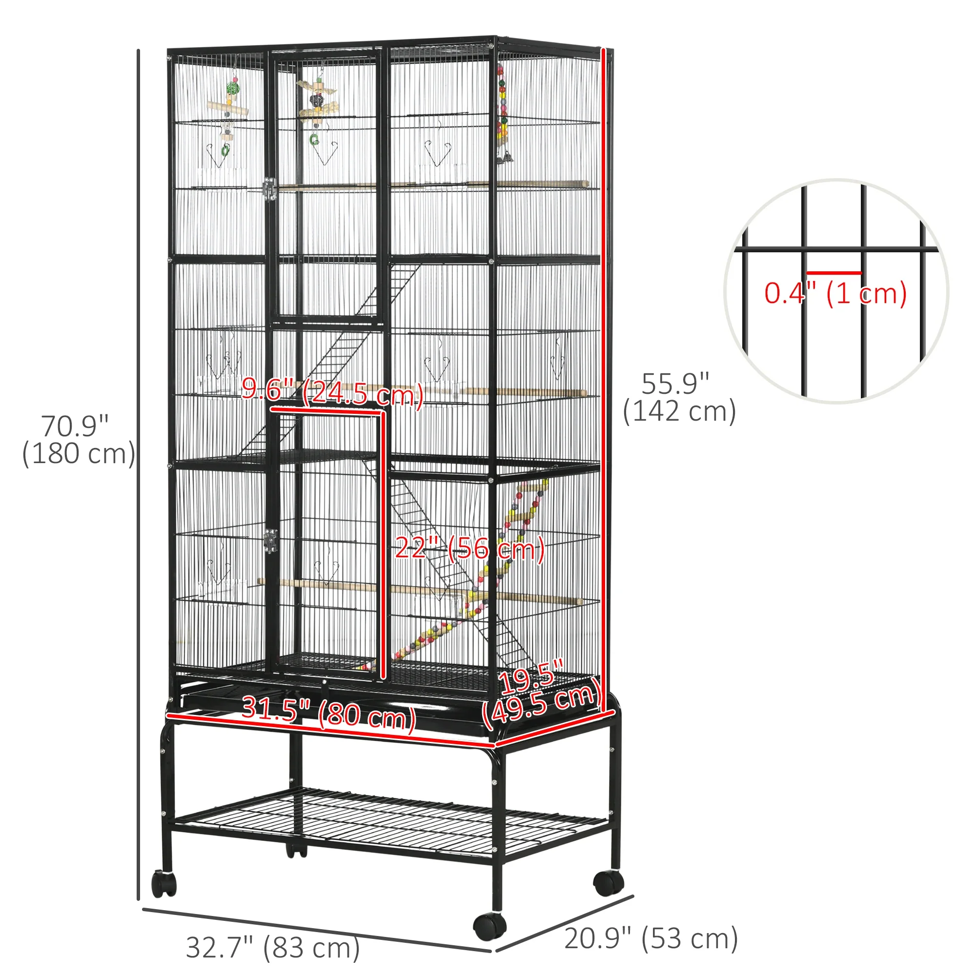 71" Bird Cage with Wheels, Perches, Ramp, Shelf, Toys, Black - Image 3