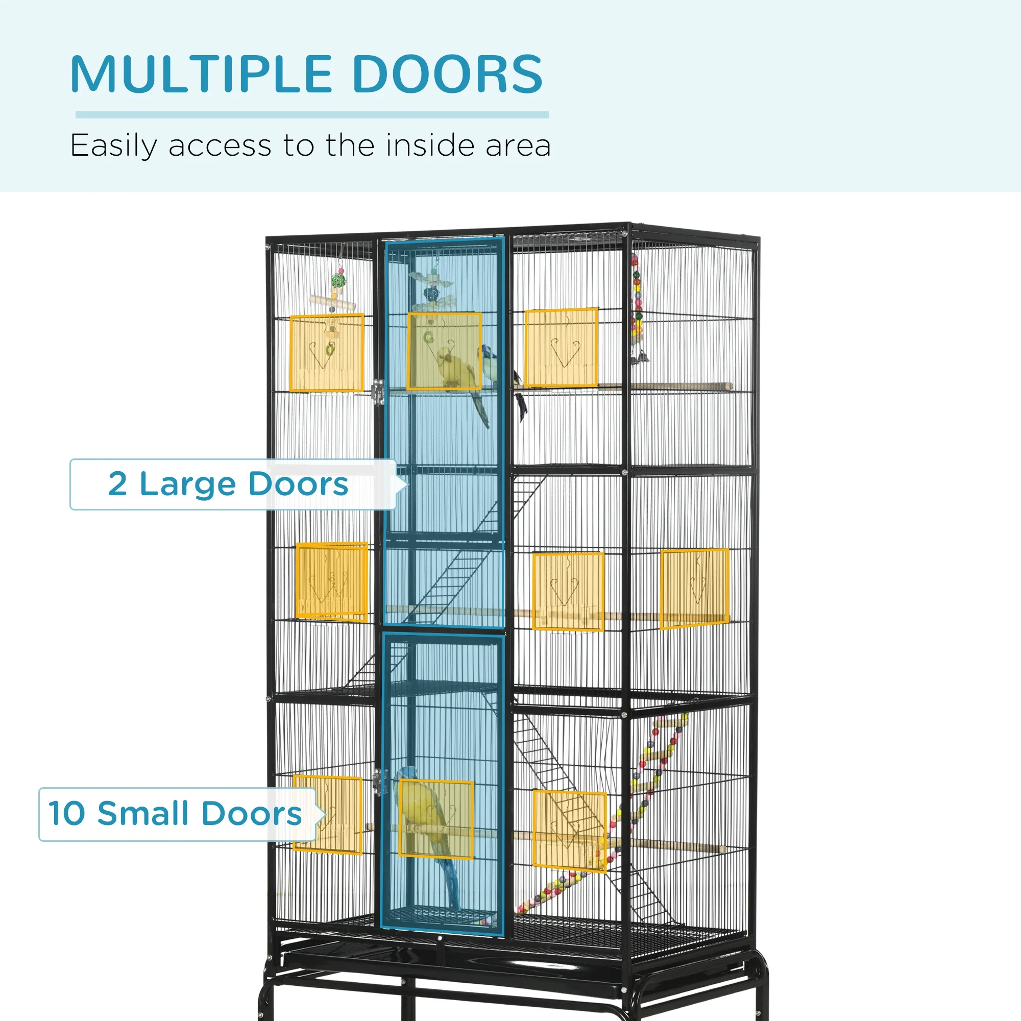 71" Bird Cage with Wheels, Perches, Ramp, Shelf, Toys, Black - Image 4