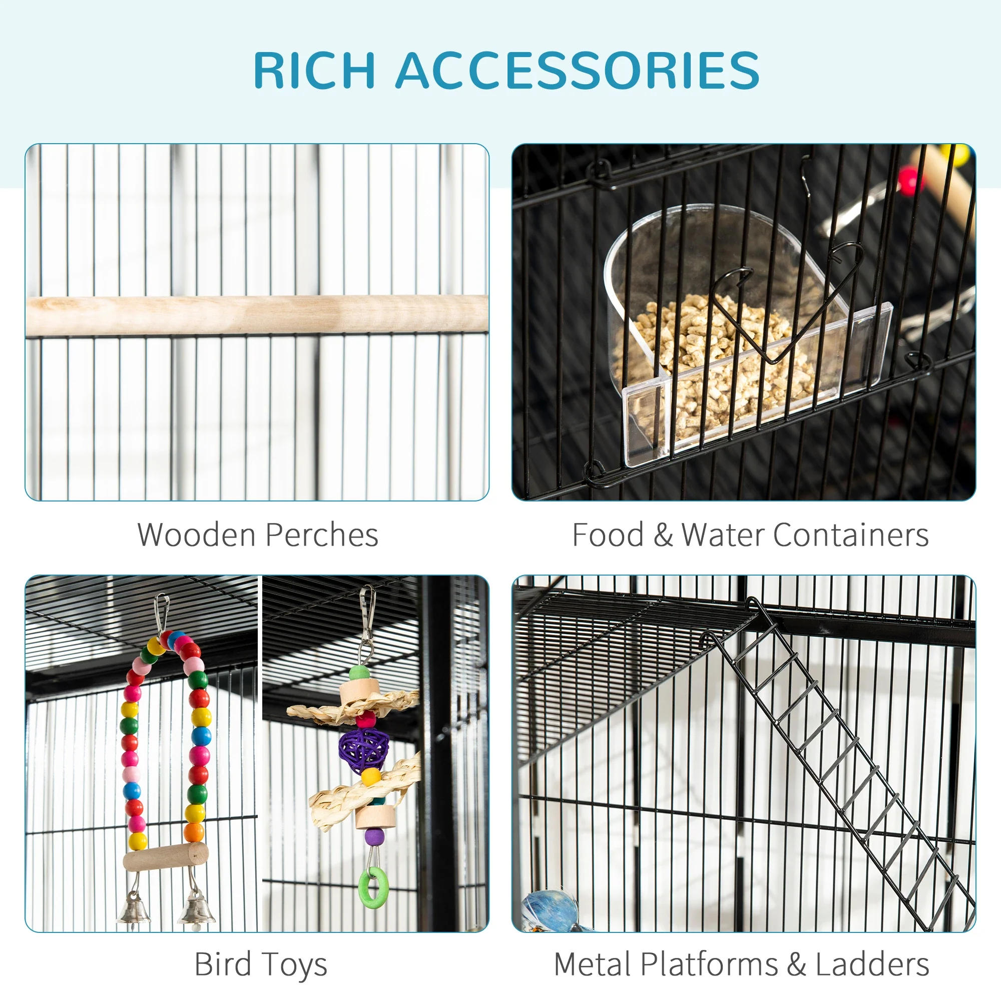 71" Bird Cage with Wheels, Perches, Ramp, Shelf, Toys, Black - Image 5