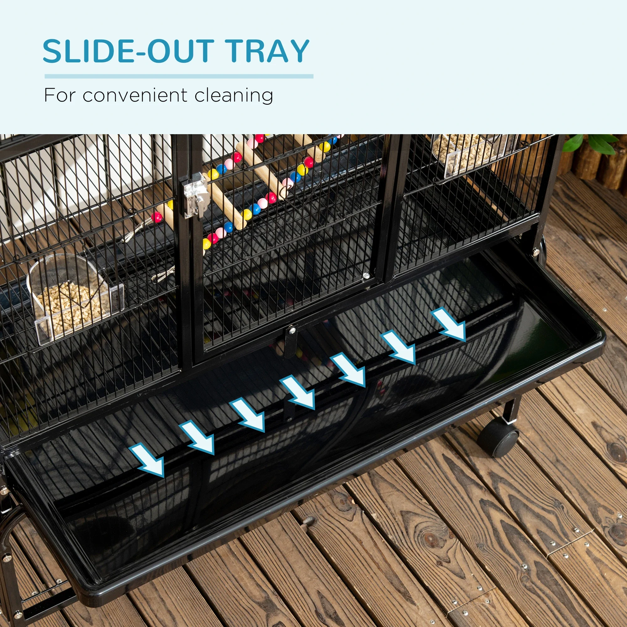 71" Bird Cage with Wheels, Perches, Ramp, Shelf, Toys, Black - Image 6