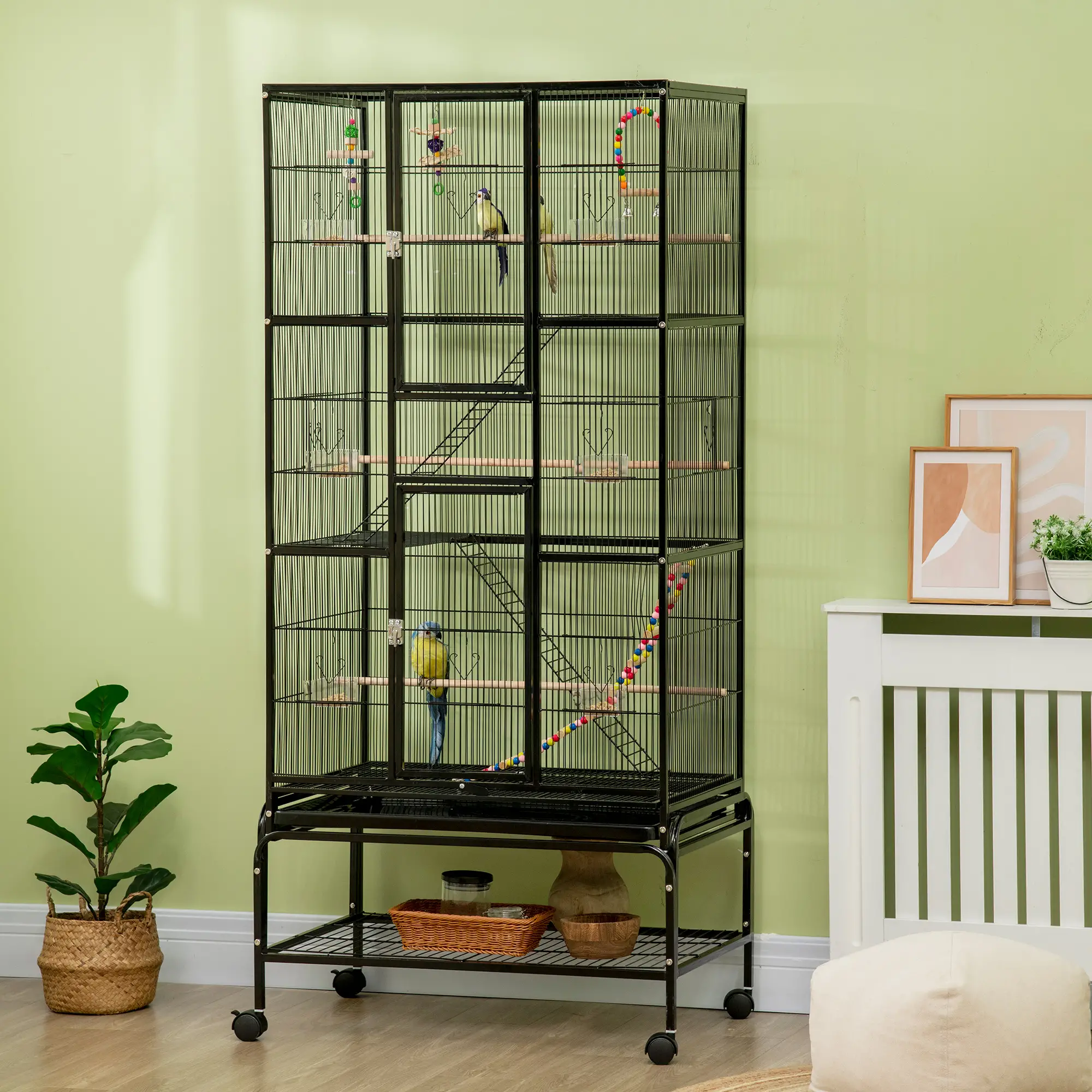 71" Bird Cage with Wheels, Perches, Ramp, Shelf, Toys, Black - Image 8