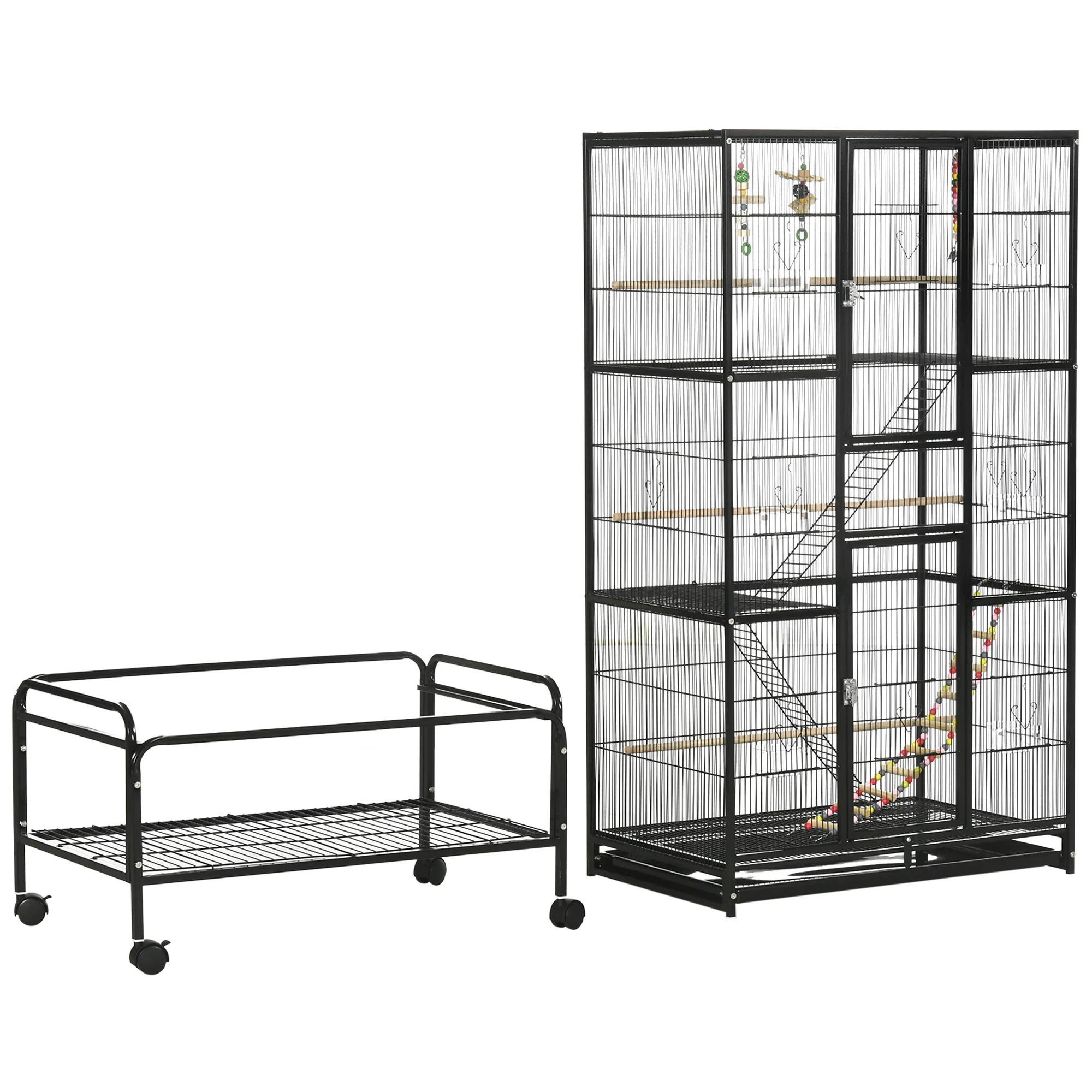 71" Bird Cage with Wheels, Perches, Ramp, Shelf, Toys, Black - Image 9