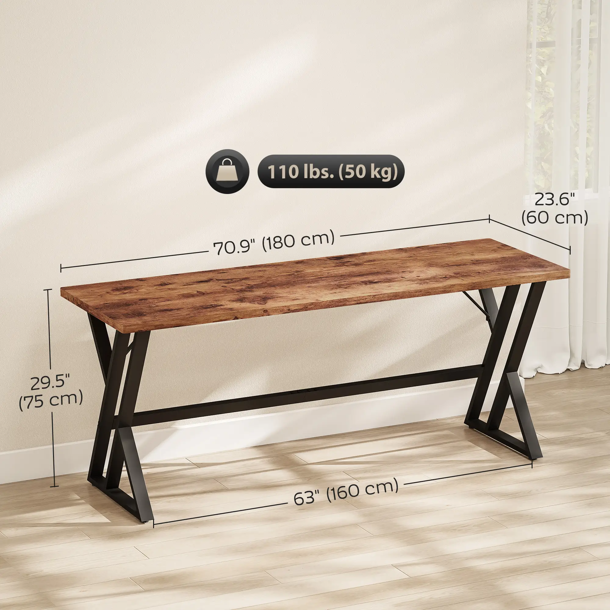 71" Computer Desk, Industrial Writing Table, Rustic Brown - Image 3