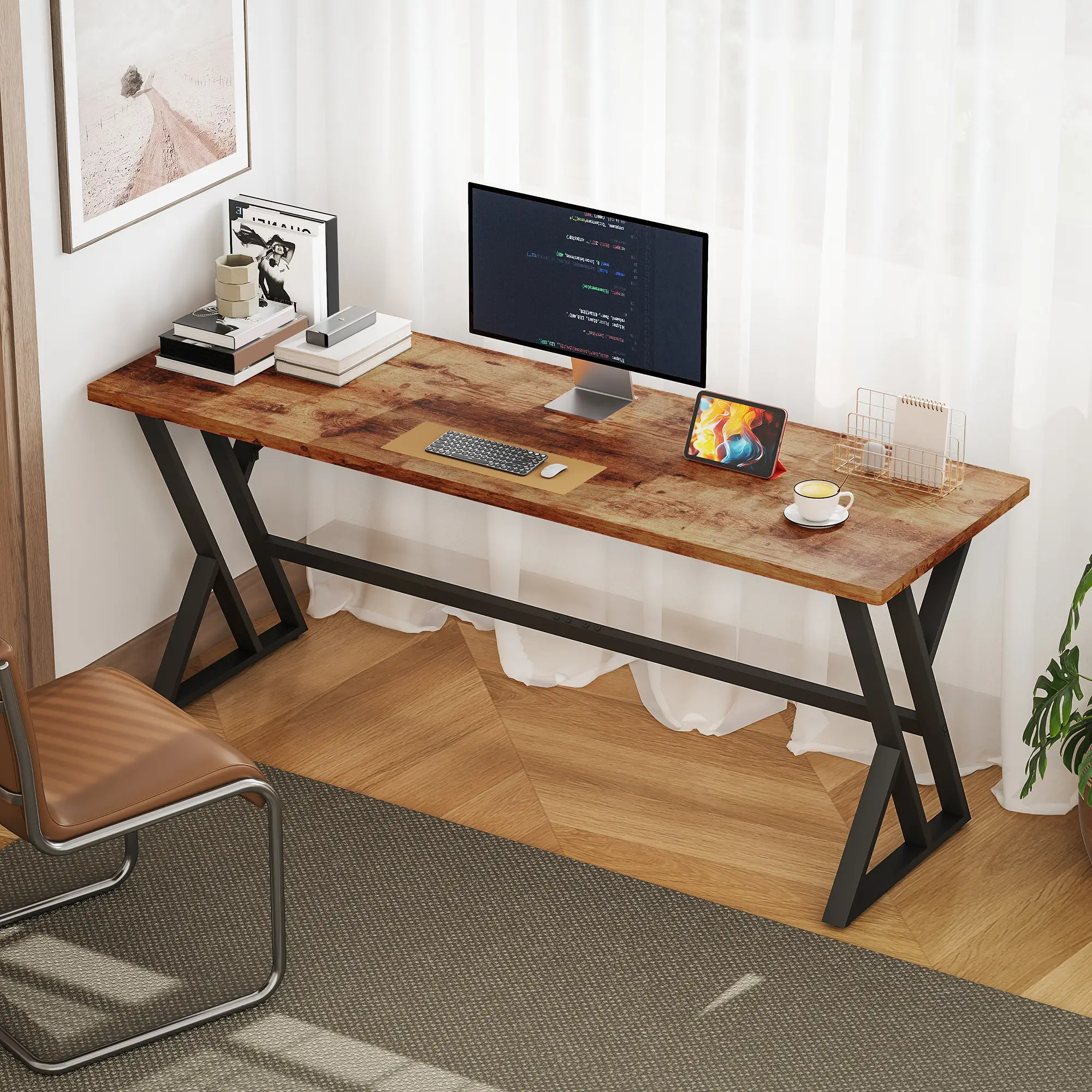71" Computer Desk, Industrial Writing Table, Rustic Brown - Image 8