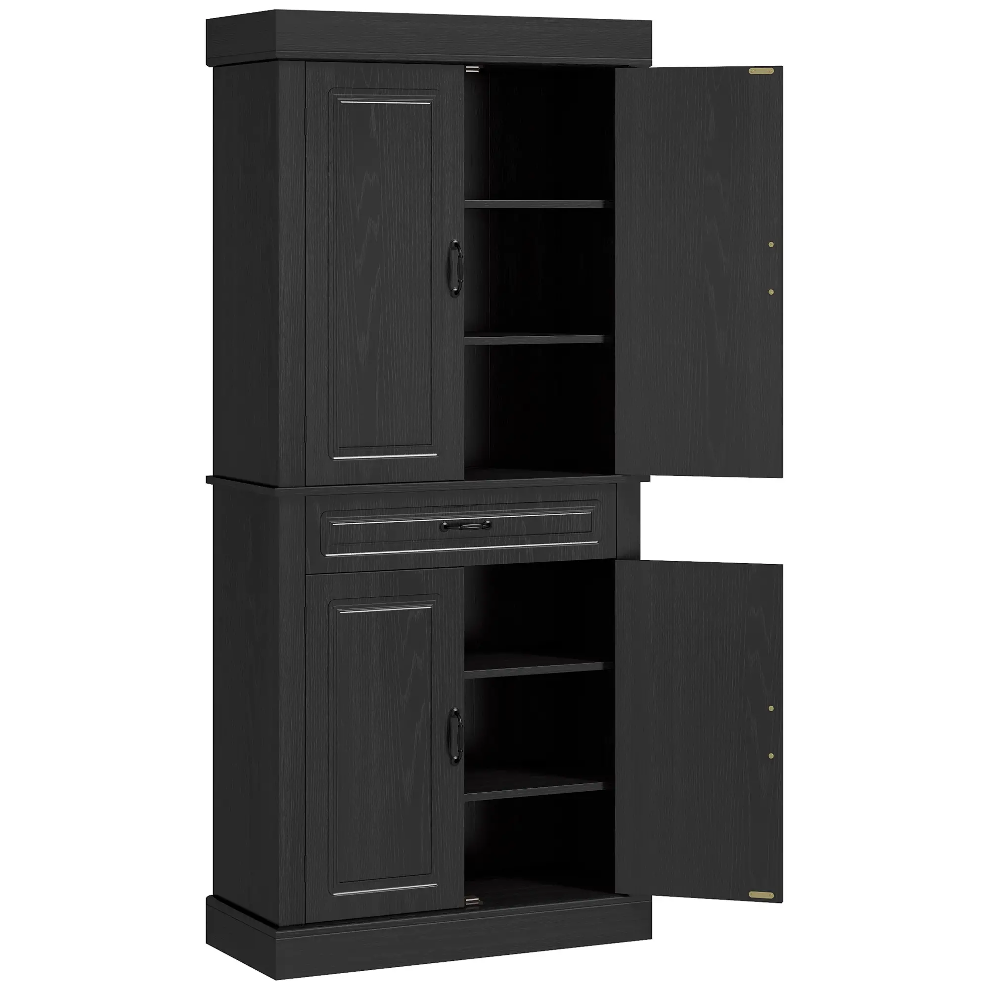 71" Freestanding Kitchen Pantry, 4 Doors 2 Cabinets, Distressed Black, Black