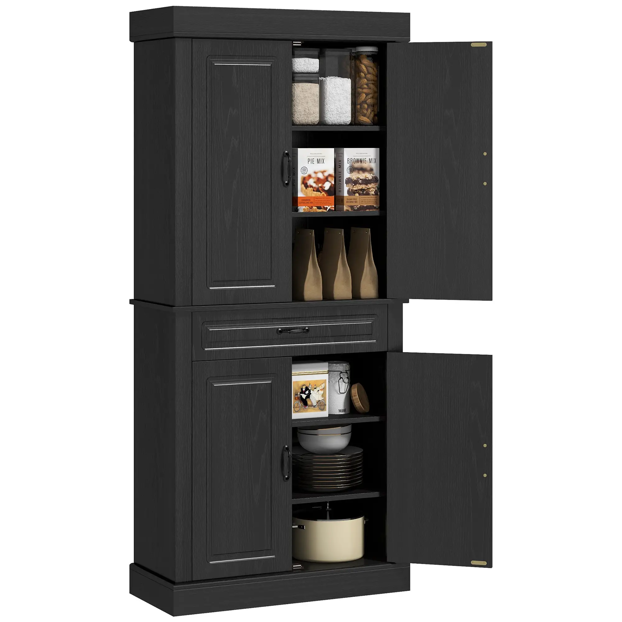 71" Freestanding Kitchen Pantry, 4 Doors 2 Cabinets, Distressed Black, Black - Image 11