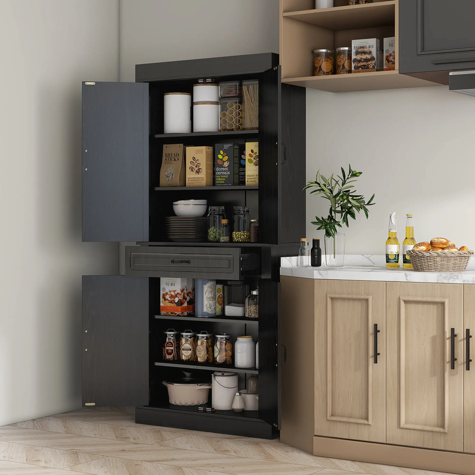 71" Freestanding Kitchen Pantry, 4 Doors 2 Cabinets, Distressed Black, Black - Image 2