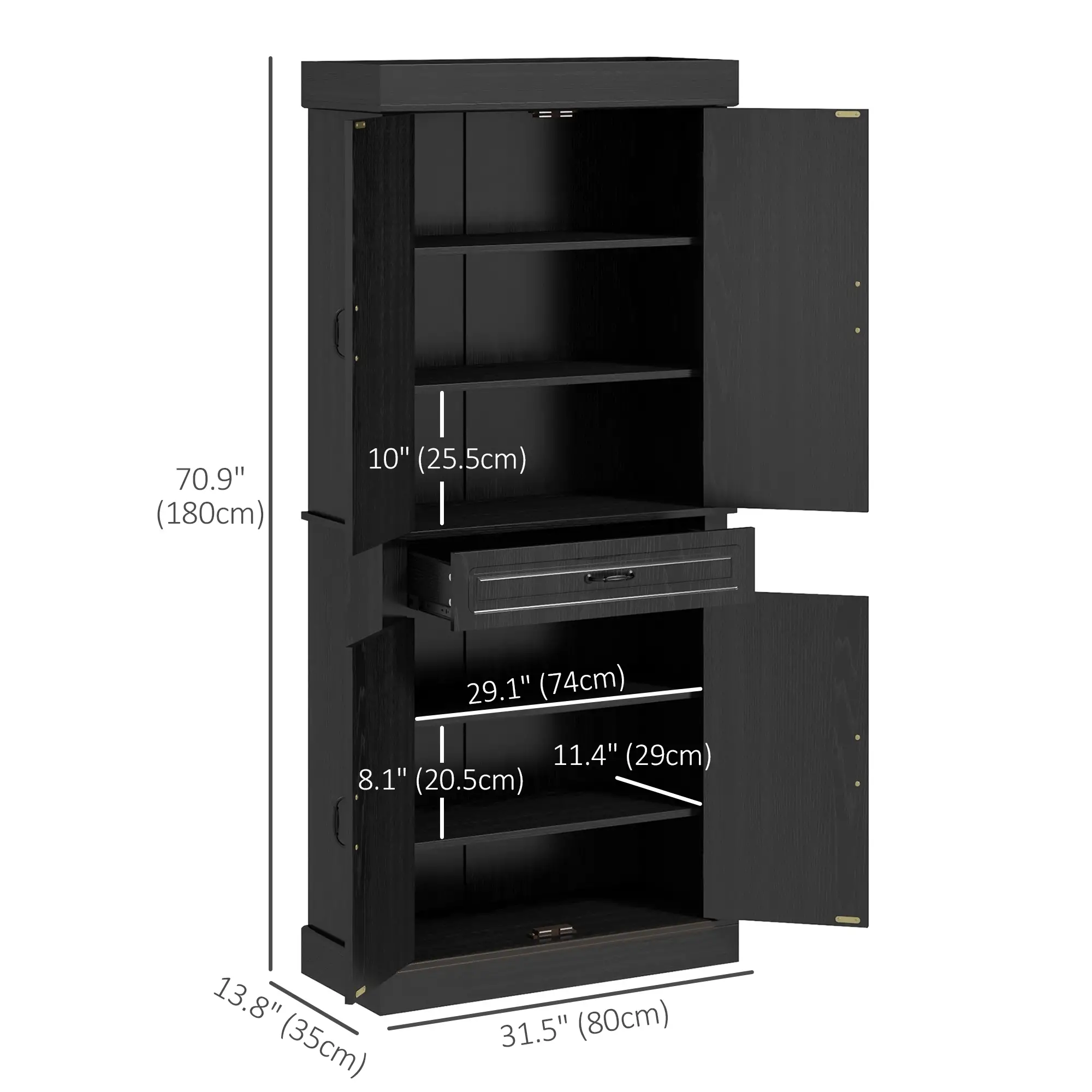 71" Freestanding Kitchen Pantry, 4 Doors 2 Cabinets, Distressed Black, Black - Image 3