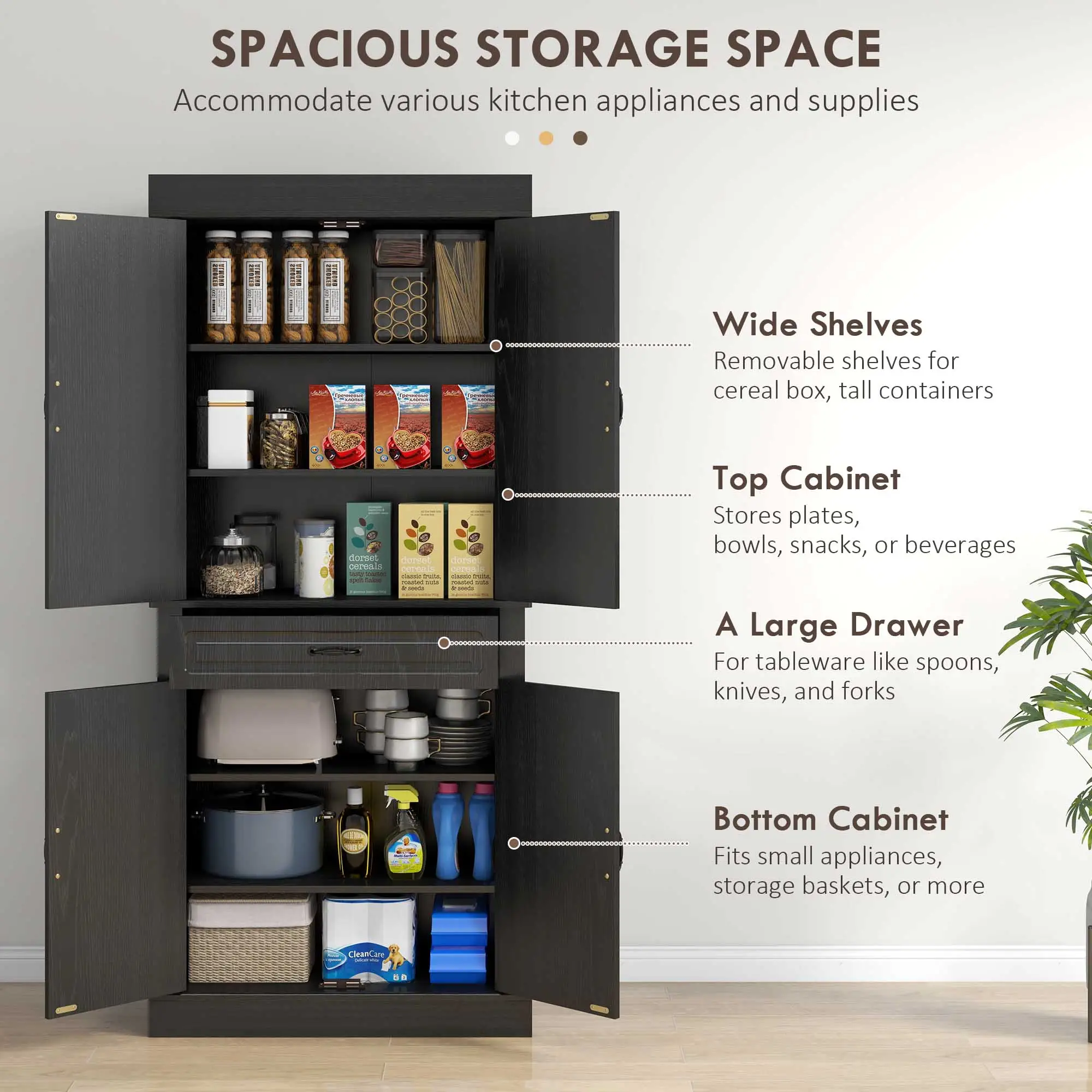 71" Freestanding Kitchen Pantry, 4 Doors 2 Cabinets, Distressed Black, Black - Image 4