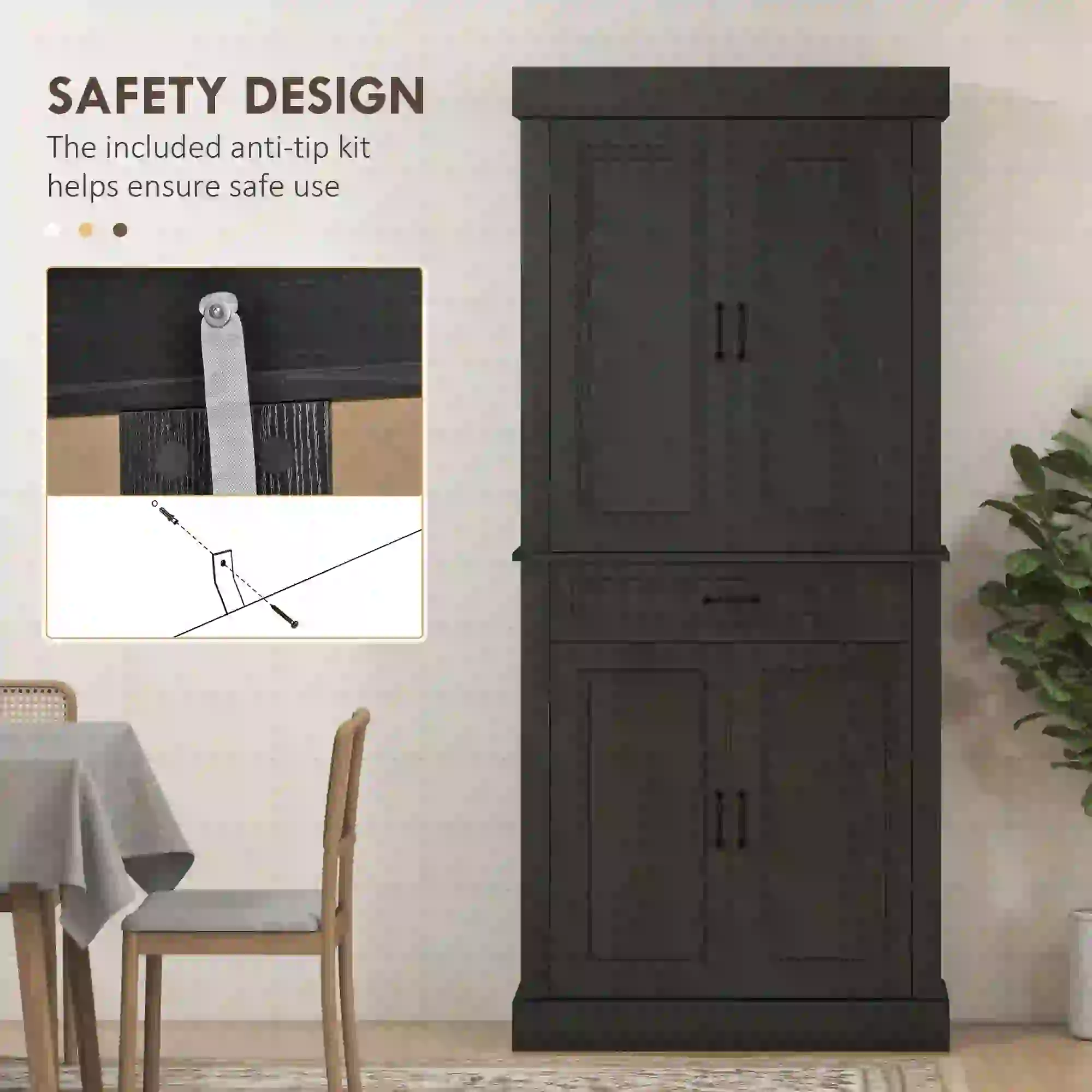 71" Freestanding Kitchen Pantry, 4 Doors 2 Cabinets, Distressed Black, Black - Image 5