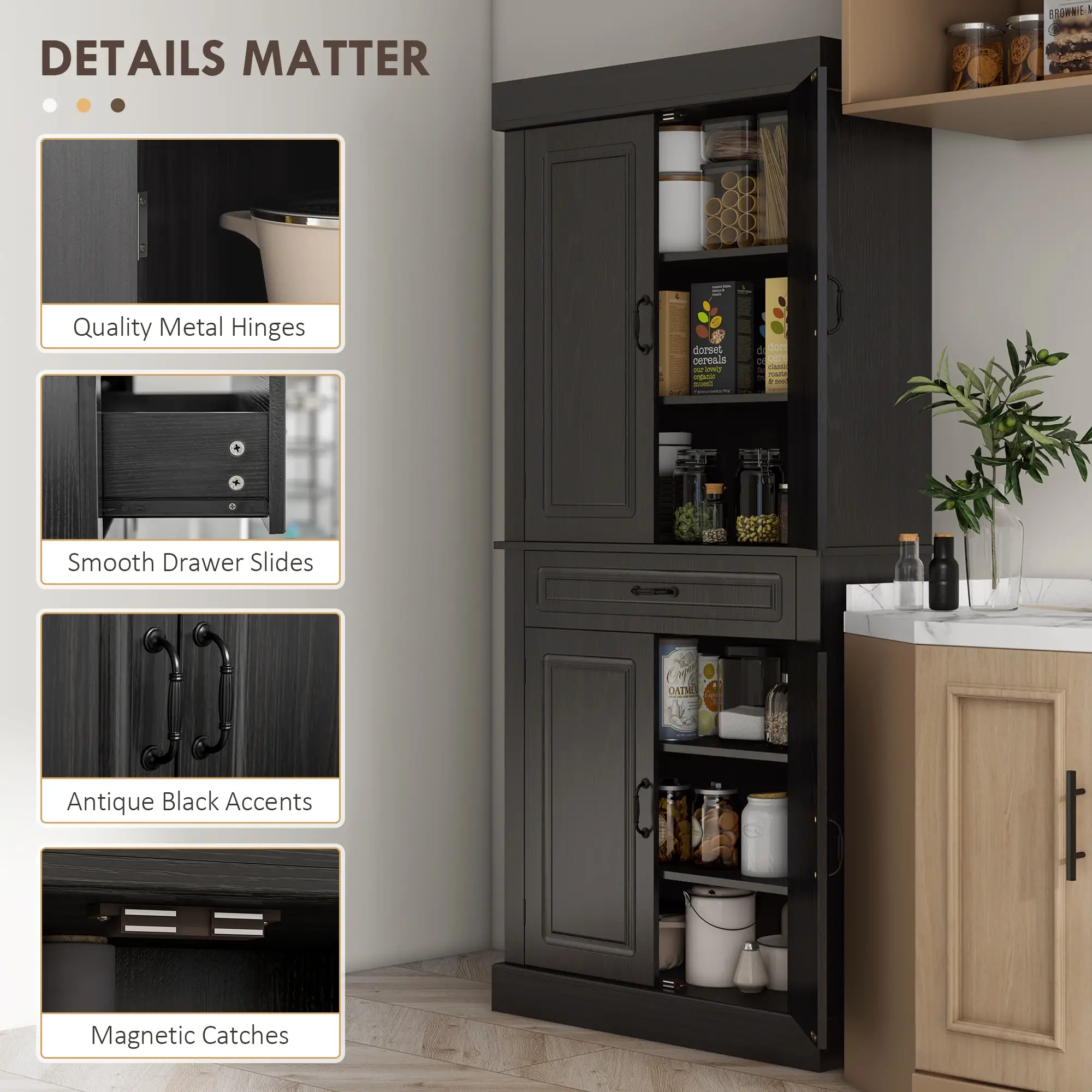 71" Freestanding Kitchen Pantry, 4 Doors 2 Cabinets, Distressed Black, Black - Image 6