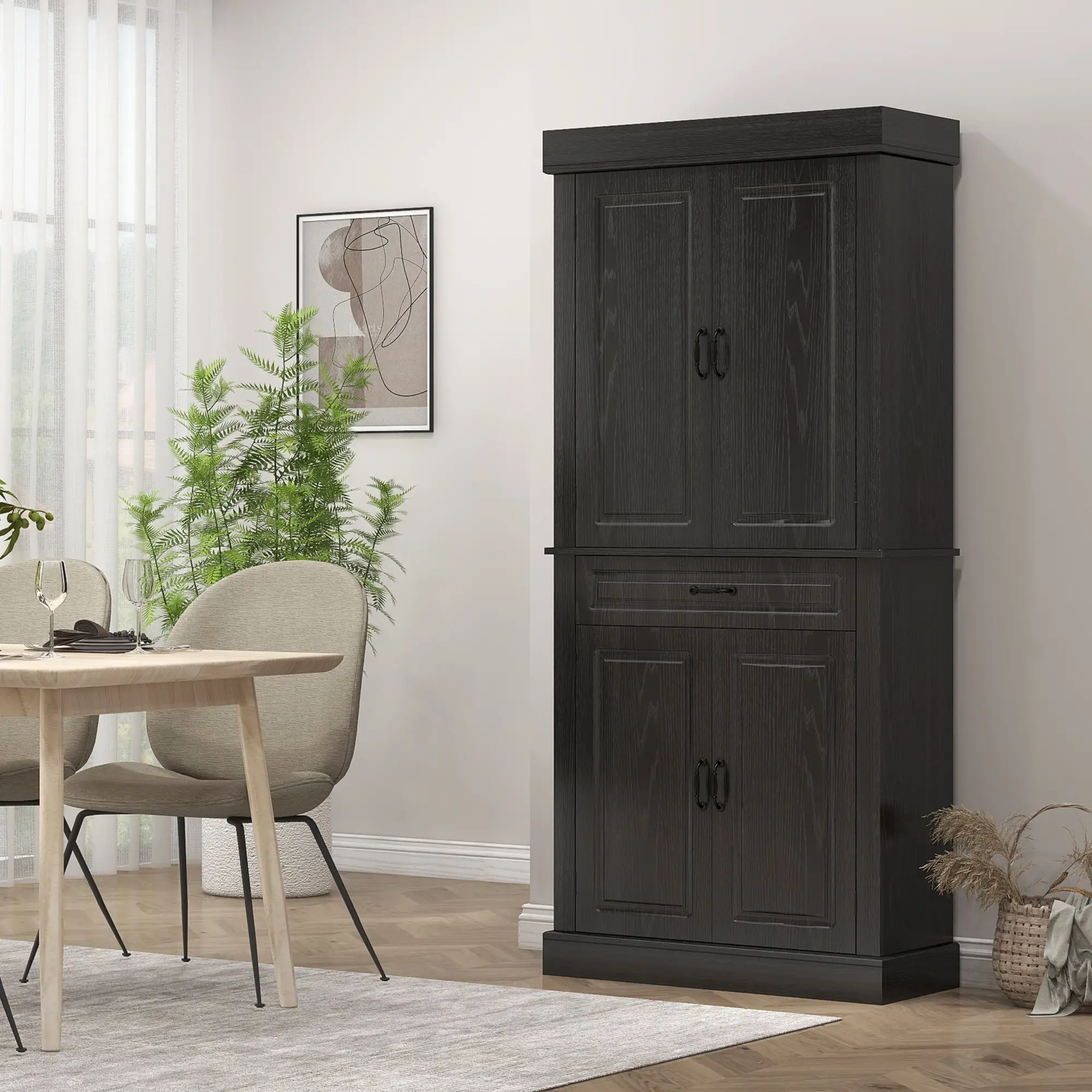 71" Freestanding Kitchen Pantry, 4 Doors 2 Cabinets, Distressed Black, Black - Image 7
