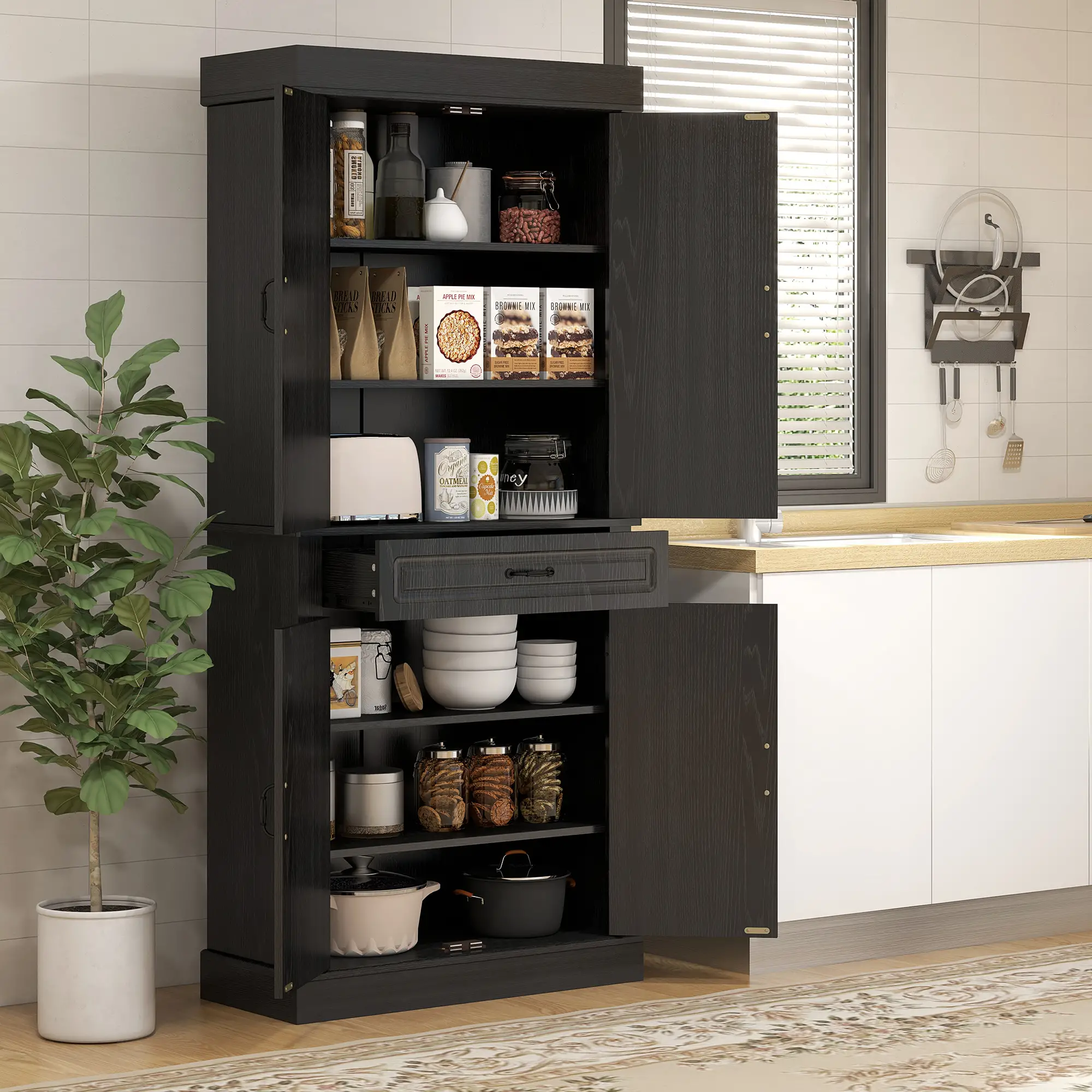 71" Freestanding Kitchen Pantry, 4 Doors 2 Cabinets, Distressed Black, Black - Image 8