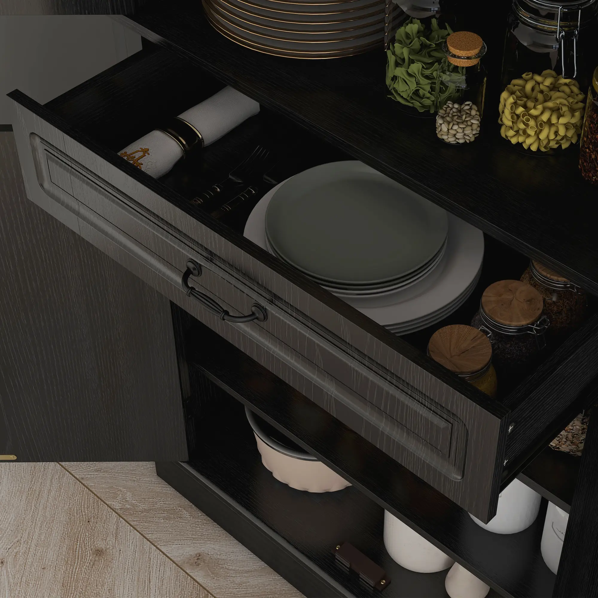 71" Freestanding Kitchen Pantry, 4 Doors 2 Cabinets, Distressed Black, Black - Image 9