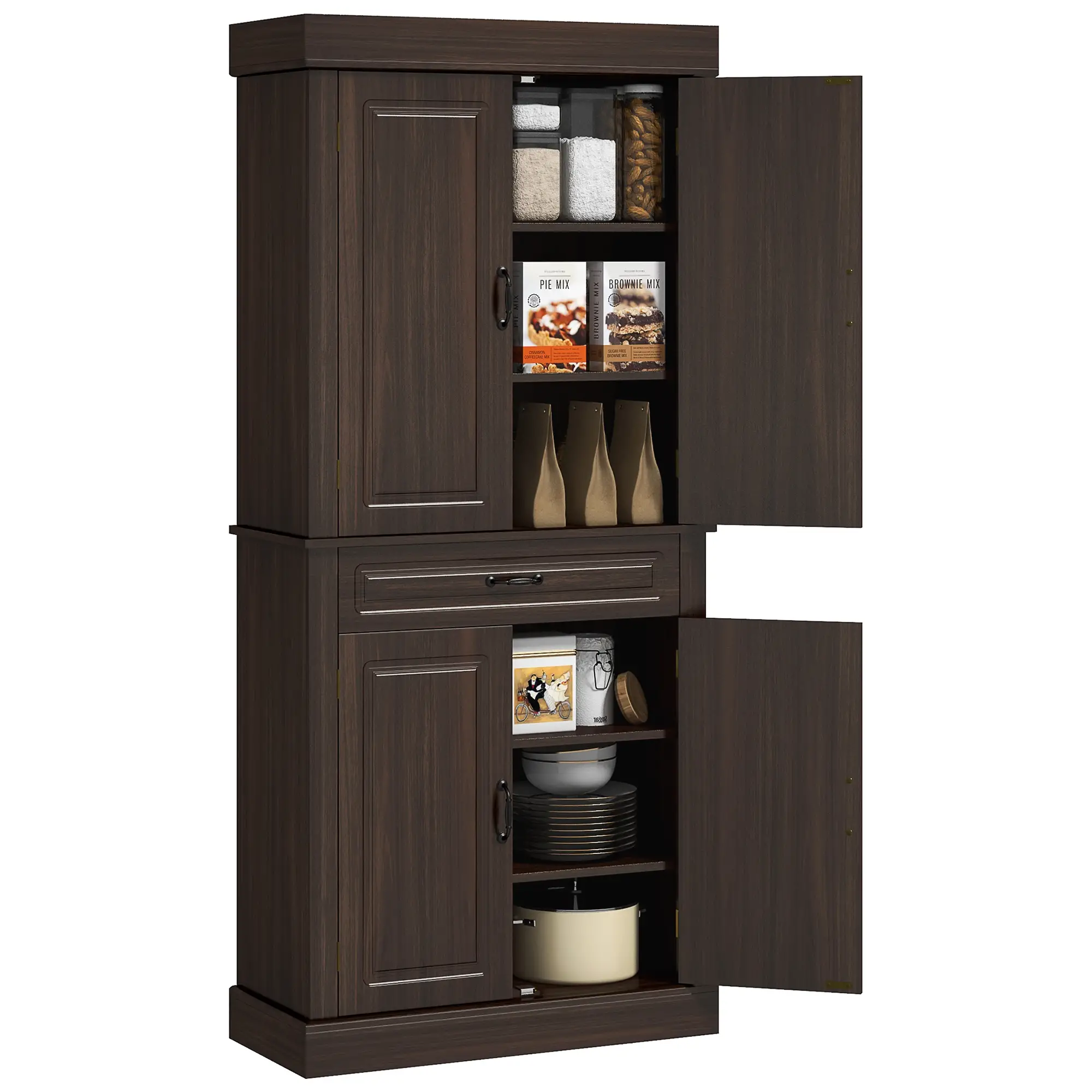 71" Freestanding Kitchen Pantry, 4 Doors 2 Cabinets, Distressed Coffee - Image 11