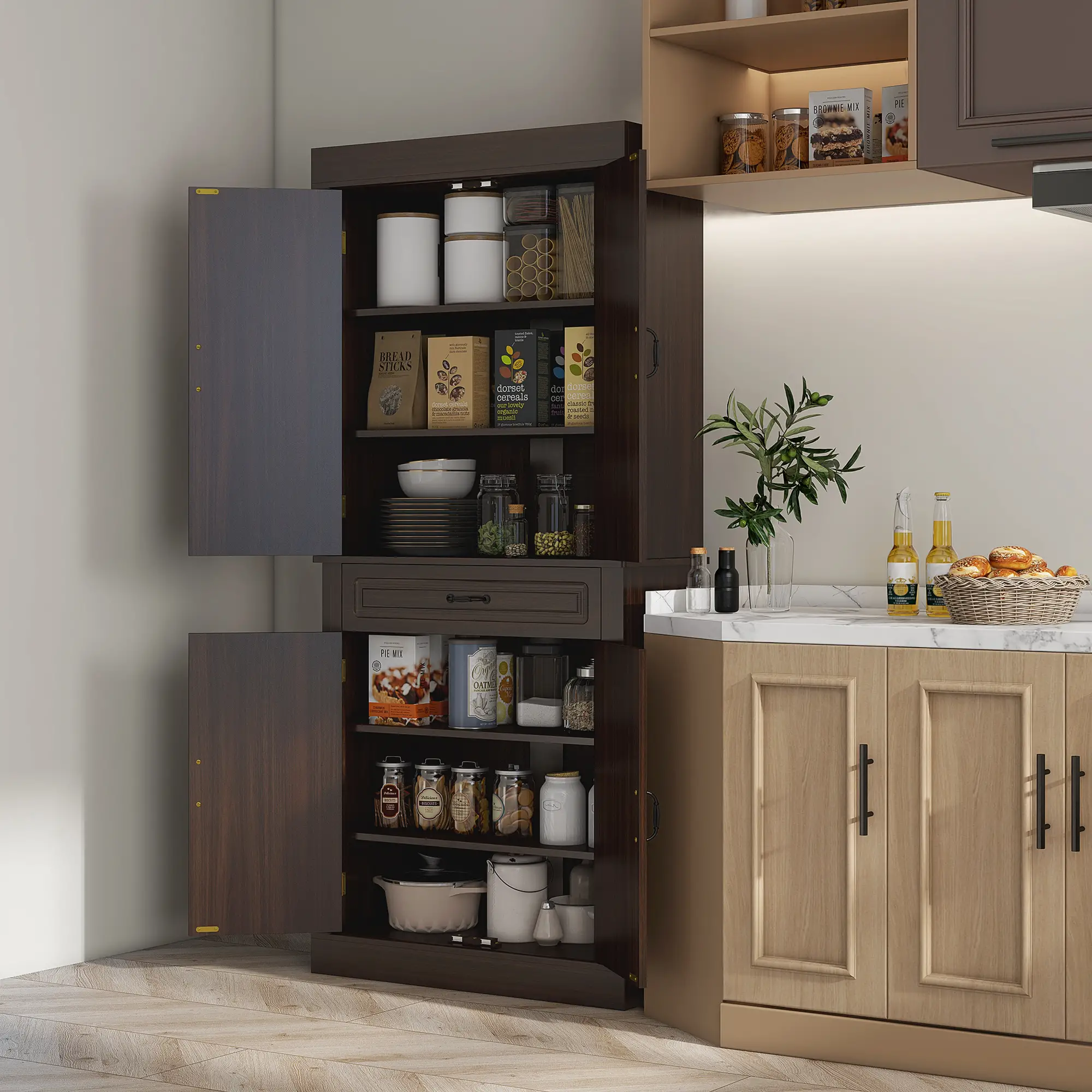 71" Freestanding Kitchen Pantry, 4 Doors 2 Cabinets, Distressed Coffee - Image 2