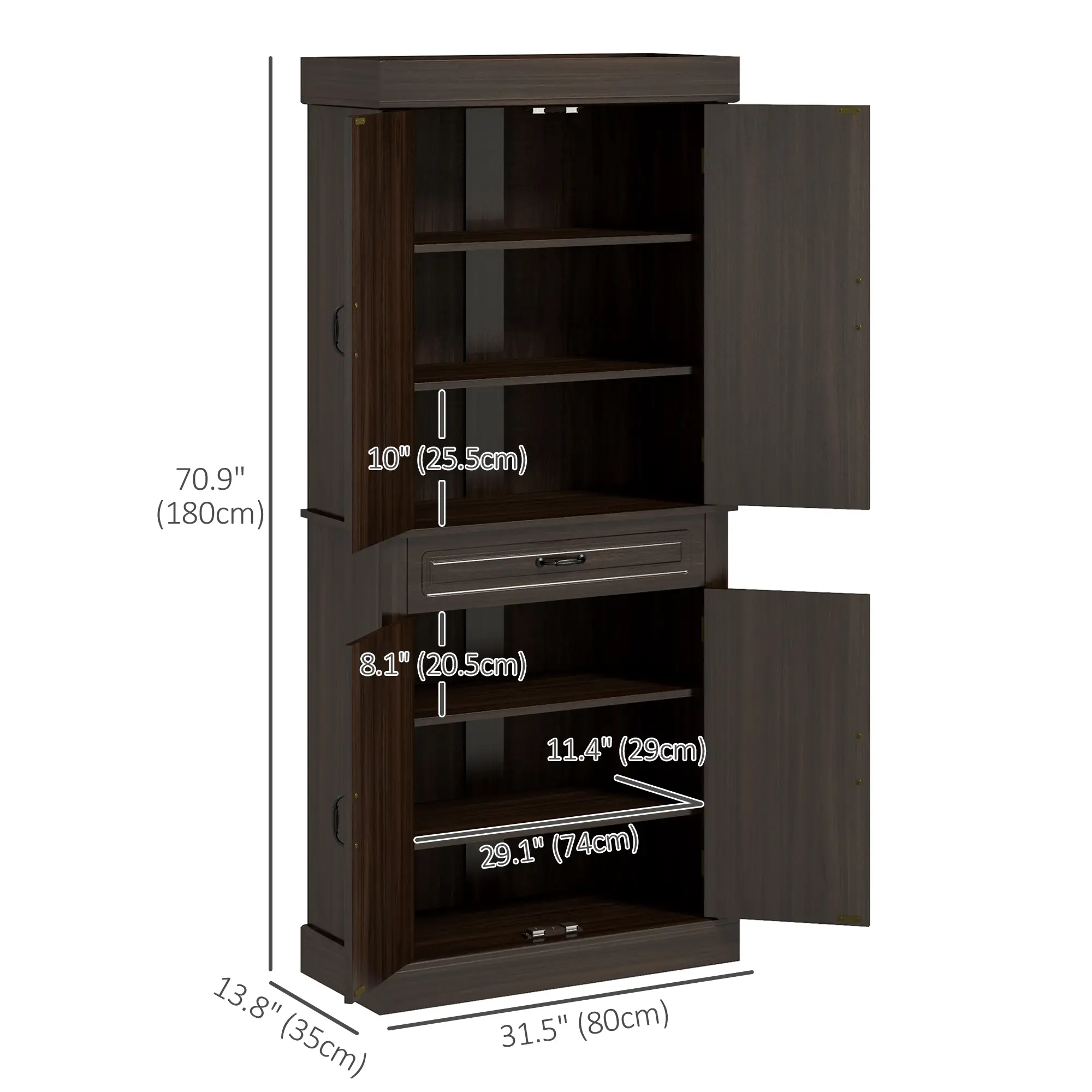 71" Freestanding Kitchen Pantry, 4 Doors 2 Cabinets, Distressed Coffee - Image 3