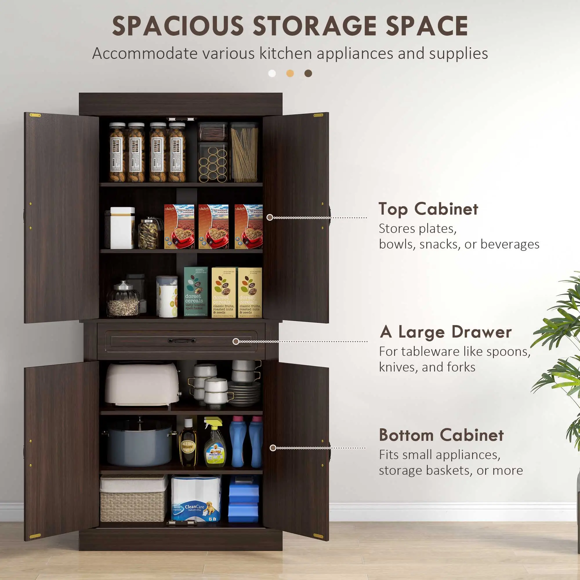 71" Freestanding Kitchen Pantry, 4 Doors 2 Cabinets, Distressed Coffee - Image 4