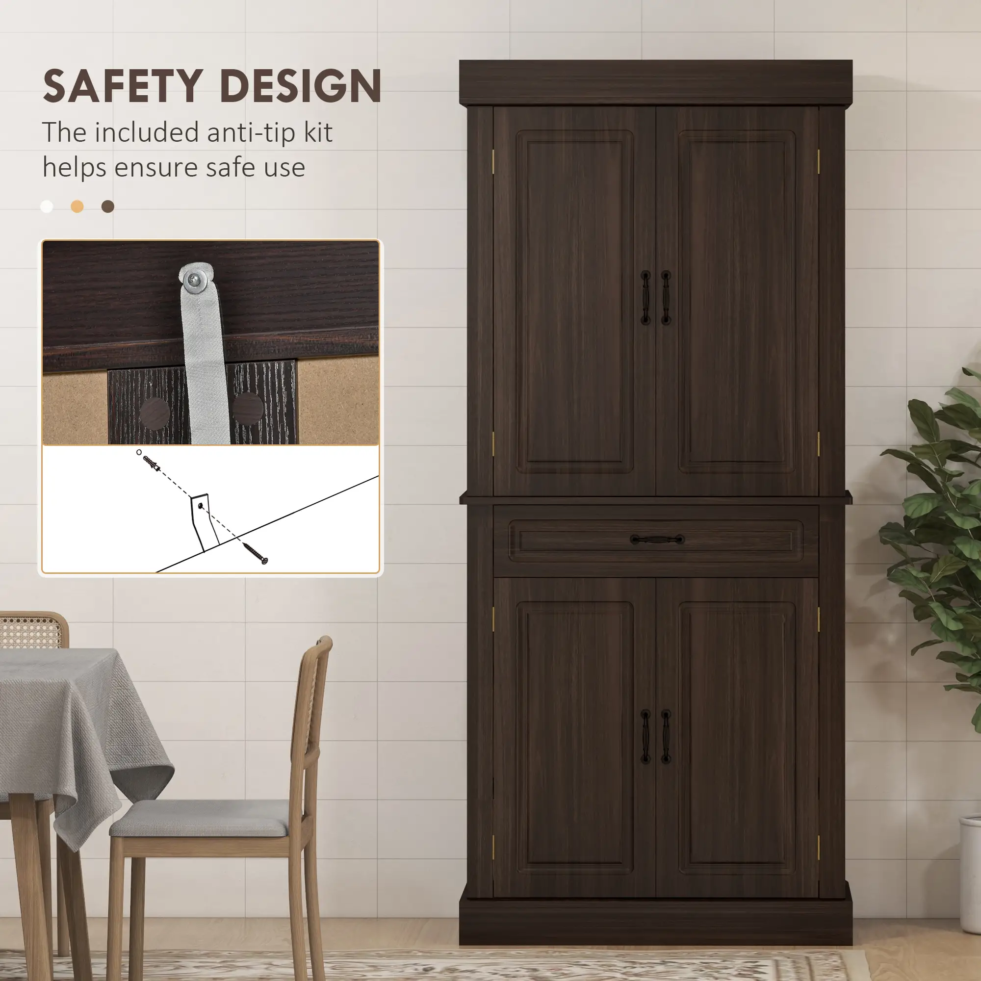 71" Freestanding Kitchen Pantry, 4 Doors 2 Cabinets, Distressed Coffee - Image 5