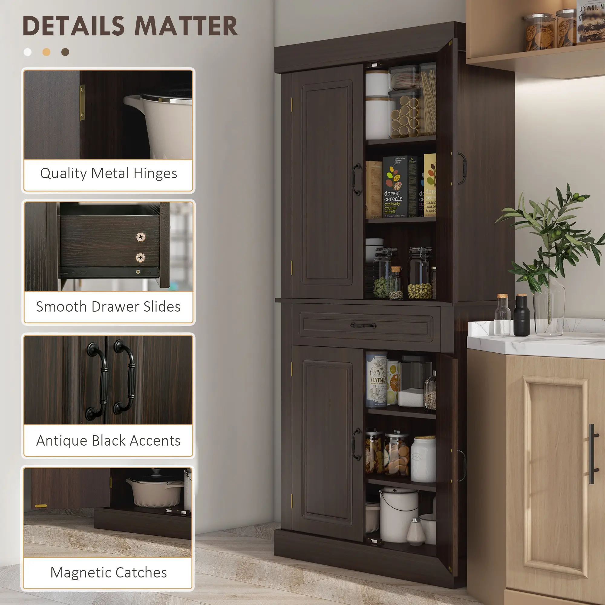 71" Freestanding Kitchen Pantry, 4 Doors 2 Cabinets, Distressed Coffee - Image 6