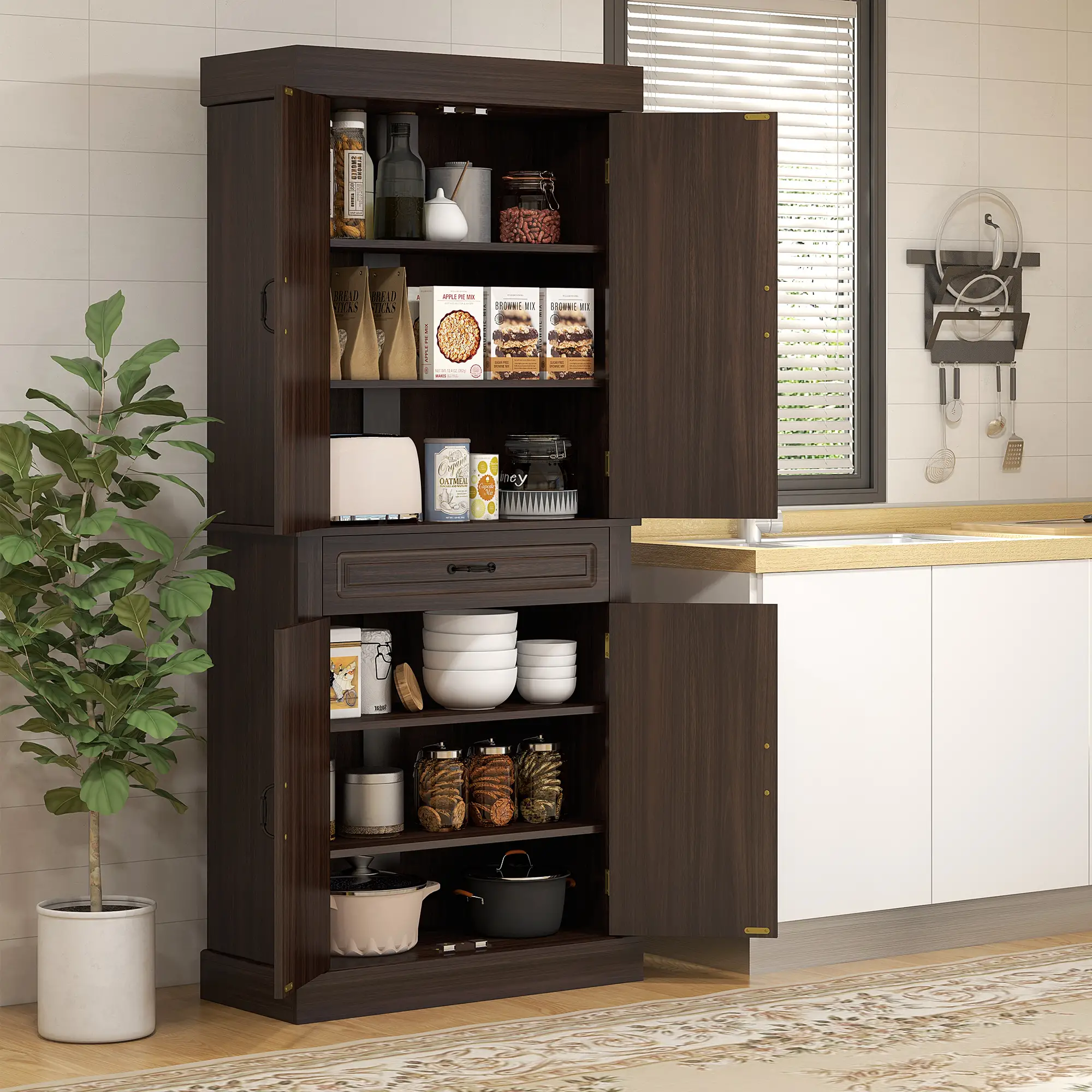 71" Freestanding Kitchen Pantry, 4 Doors 2 Cabinets, Distressed Coffee - Image 7
