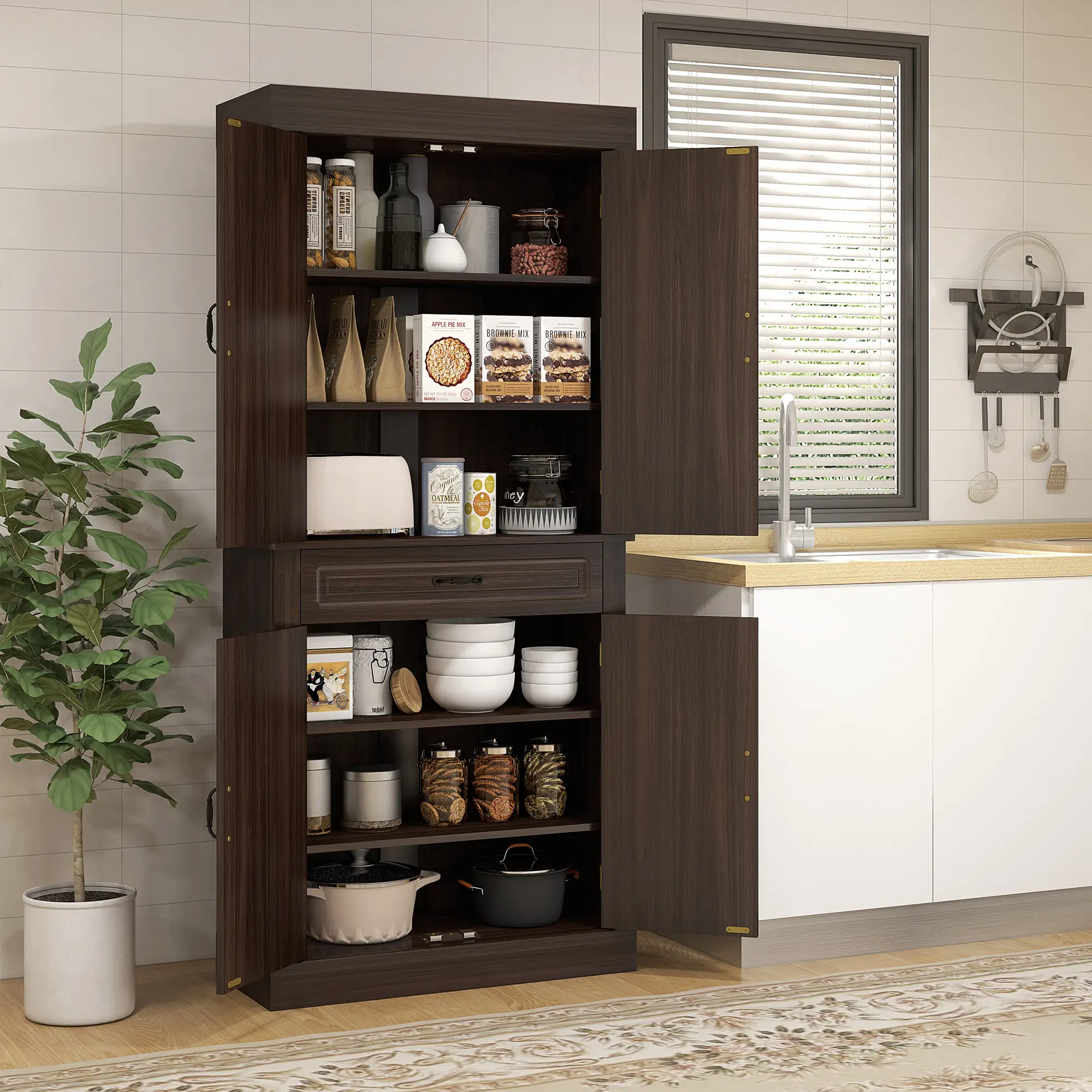 71" Freestanding Kitchen Pantry, 4 Doors 2 Cabinets, Distressed Coffee - Image 8